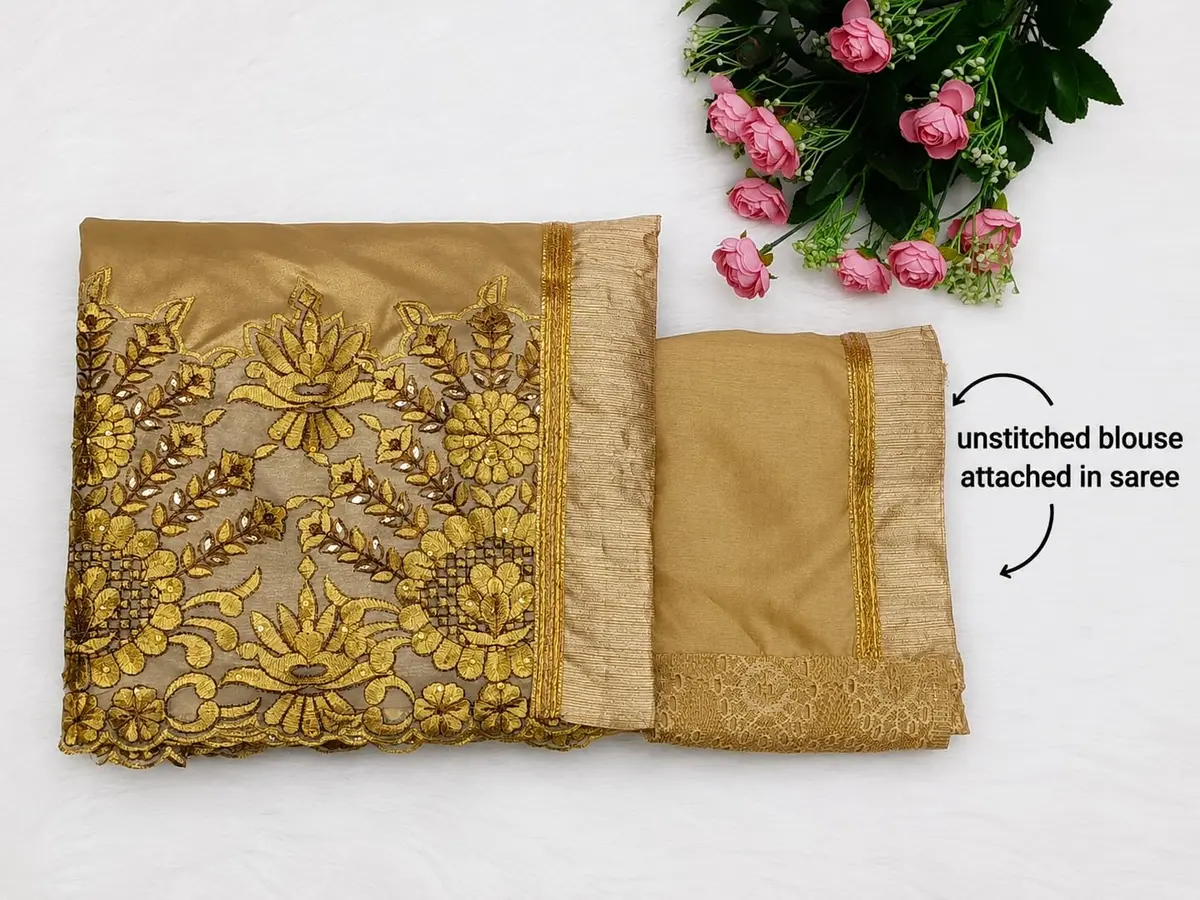 TRENDMALLS Women's Malai Silk Saree K817-Gold | Embroidery & Stone Work for Festive Wear - view 2