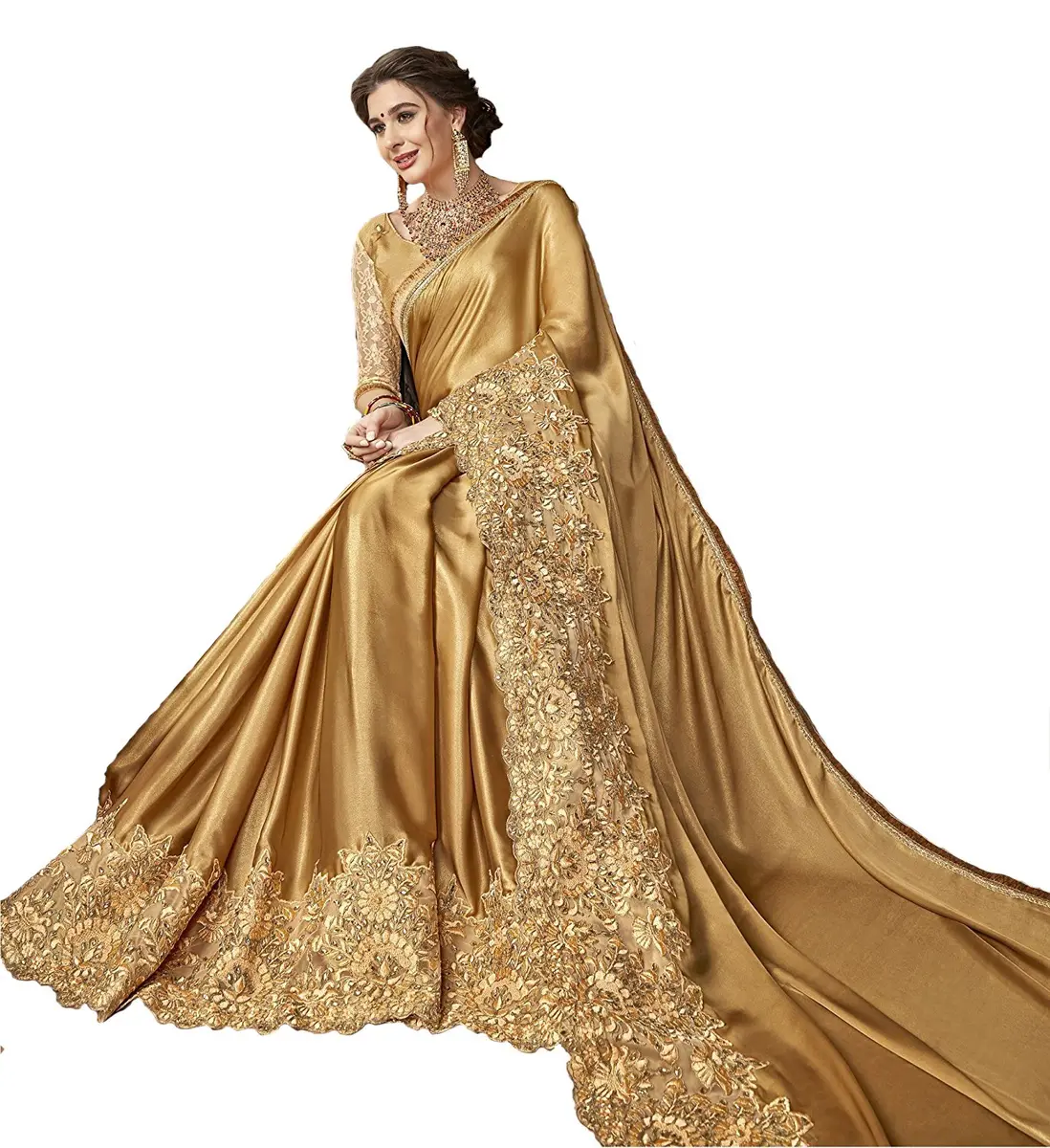 TRENDMALLS Women's Malai Silk Saree K817-Gold | Embroidery & Stone Work for Festive Wear - view 3