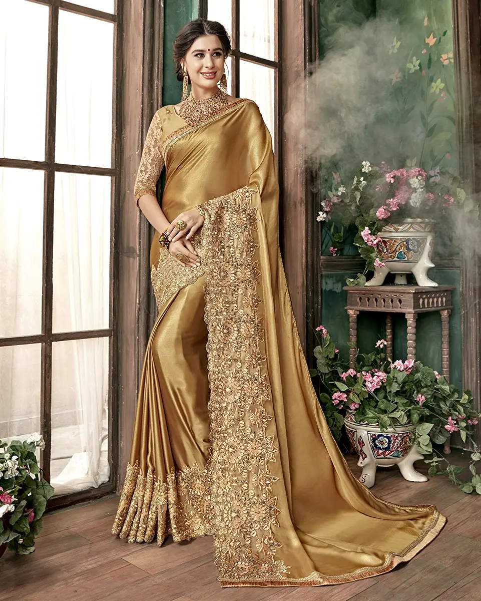 TRENDMALLS Women's Malai Silk Saree K817-Gold | Embroidery & Stone Work for Festive Wear - view 4