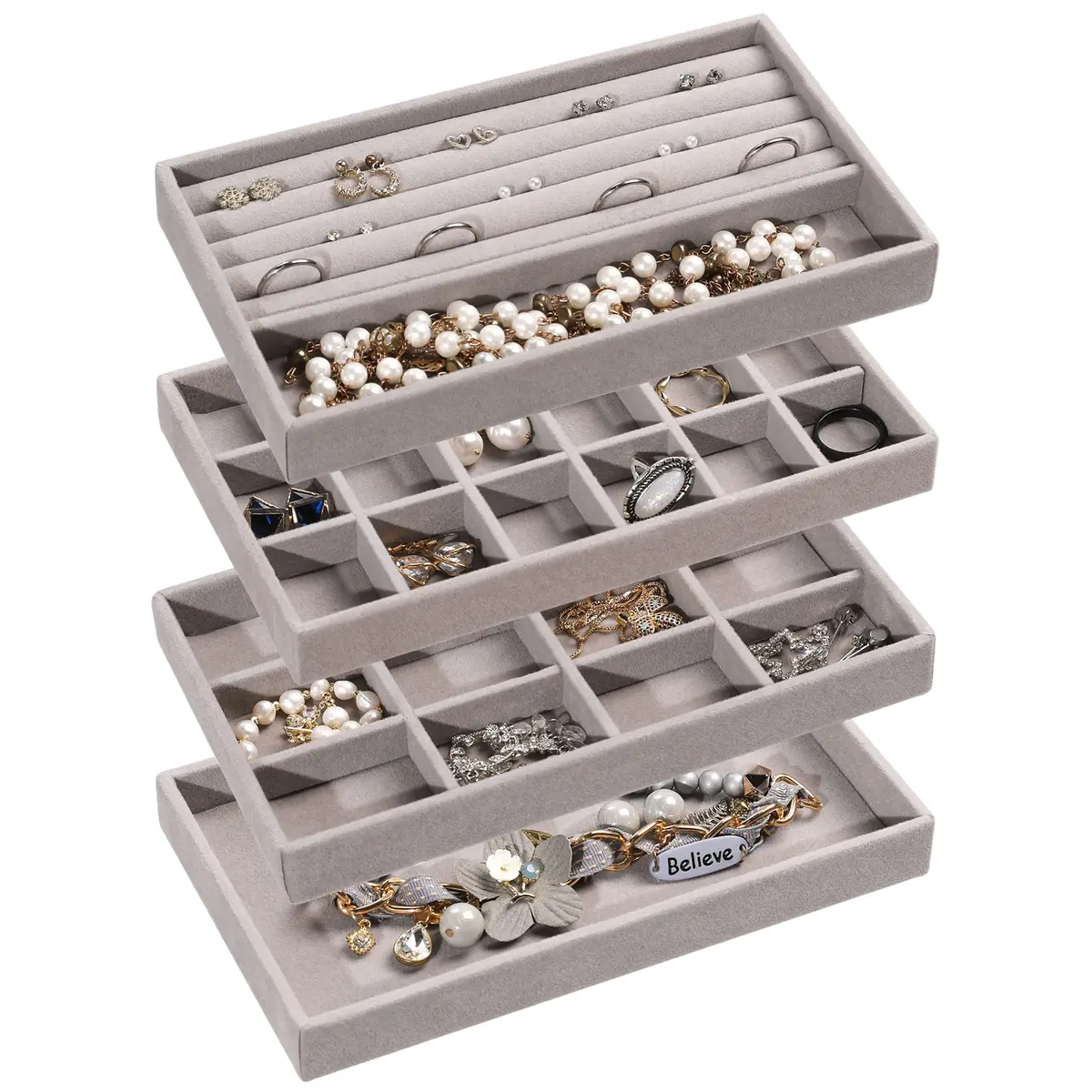 Frebeauty Jewelry Trays for Drawer | Set of 4 Velvet Organizer for Earrings, Rings & Necklaces, 8.3×4.75 inch - main product image