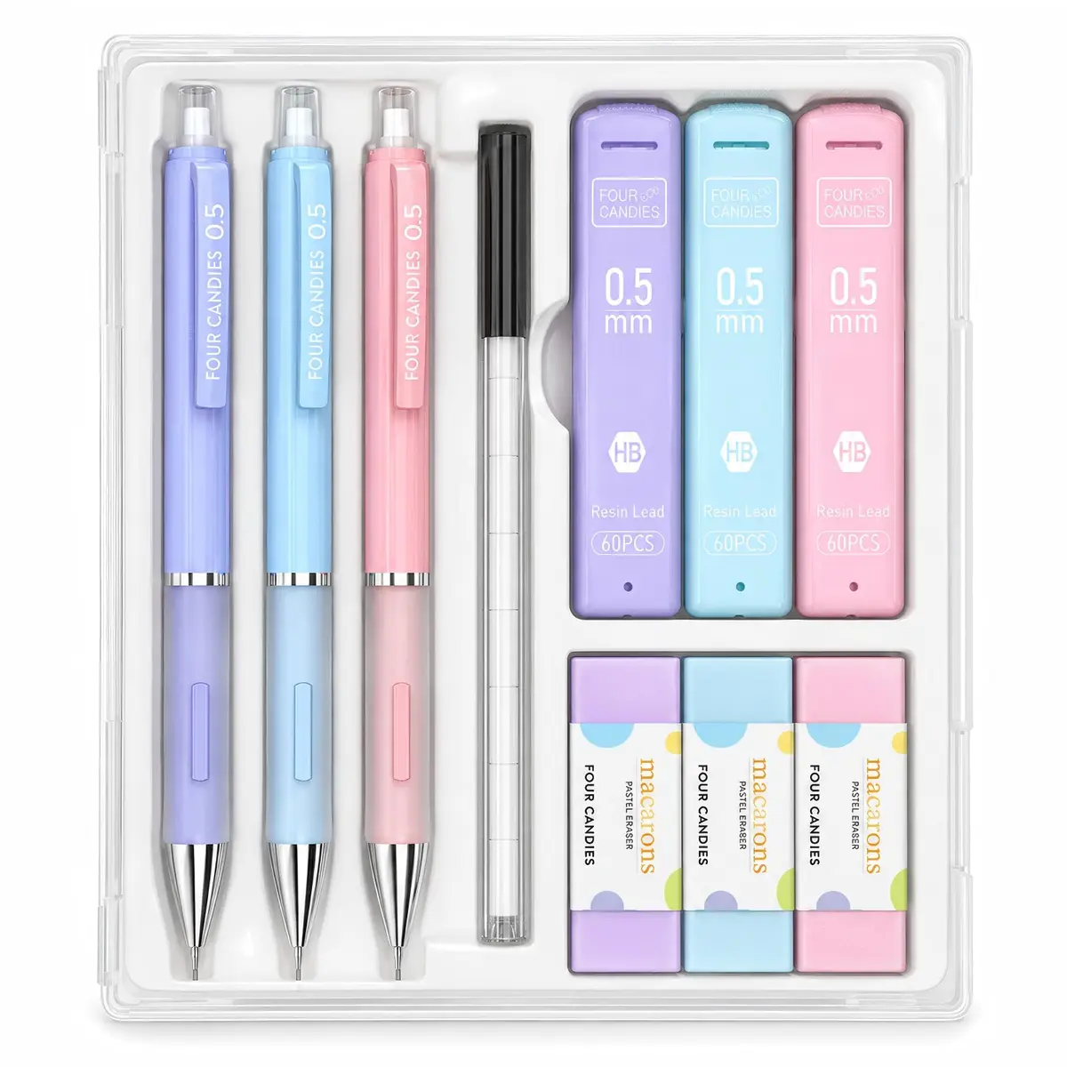 Four Candies 0.5mm Pastel Mechanical Pencil Set with Case, 3-Pack | Precision Writing for Students & Professionals - main product image