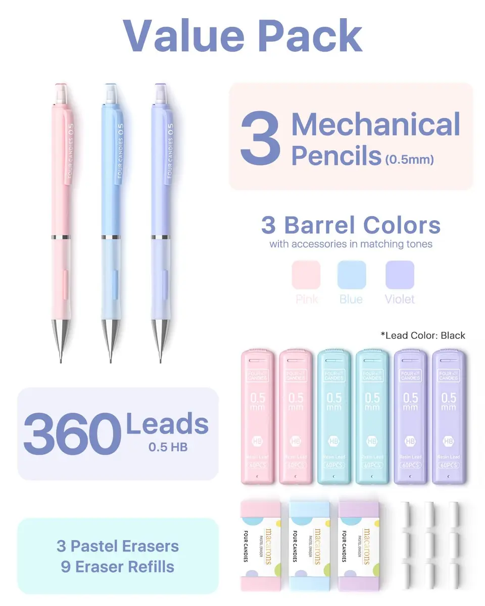 Four Candies 0.5mm Pastel Mechanical Pencil Set with Case, 3-Pack | Precision Writing for Students & Professionals - view 7