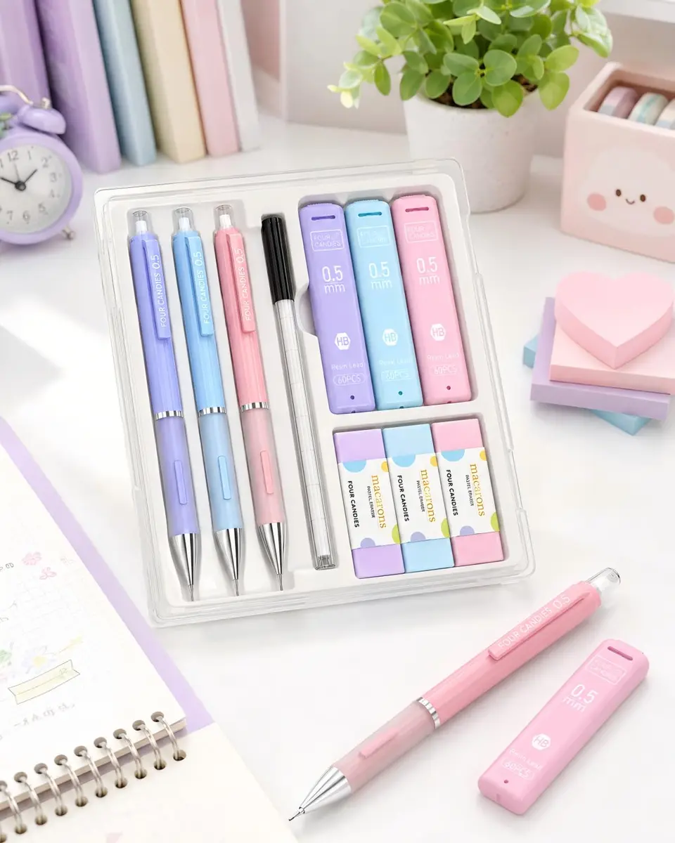 Four Candies 0.5mm Pastel Mechanical Pencil Set with Case, 3-Pack | Precision Writing for Students & Professionals - view 2