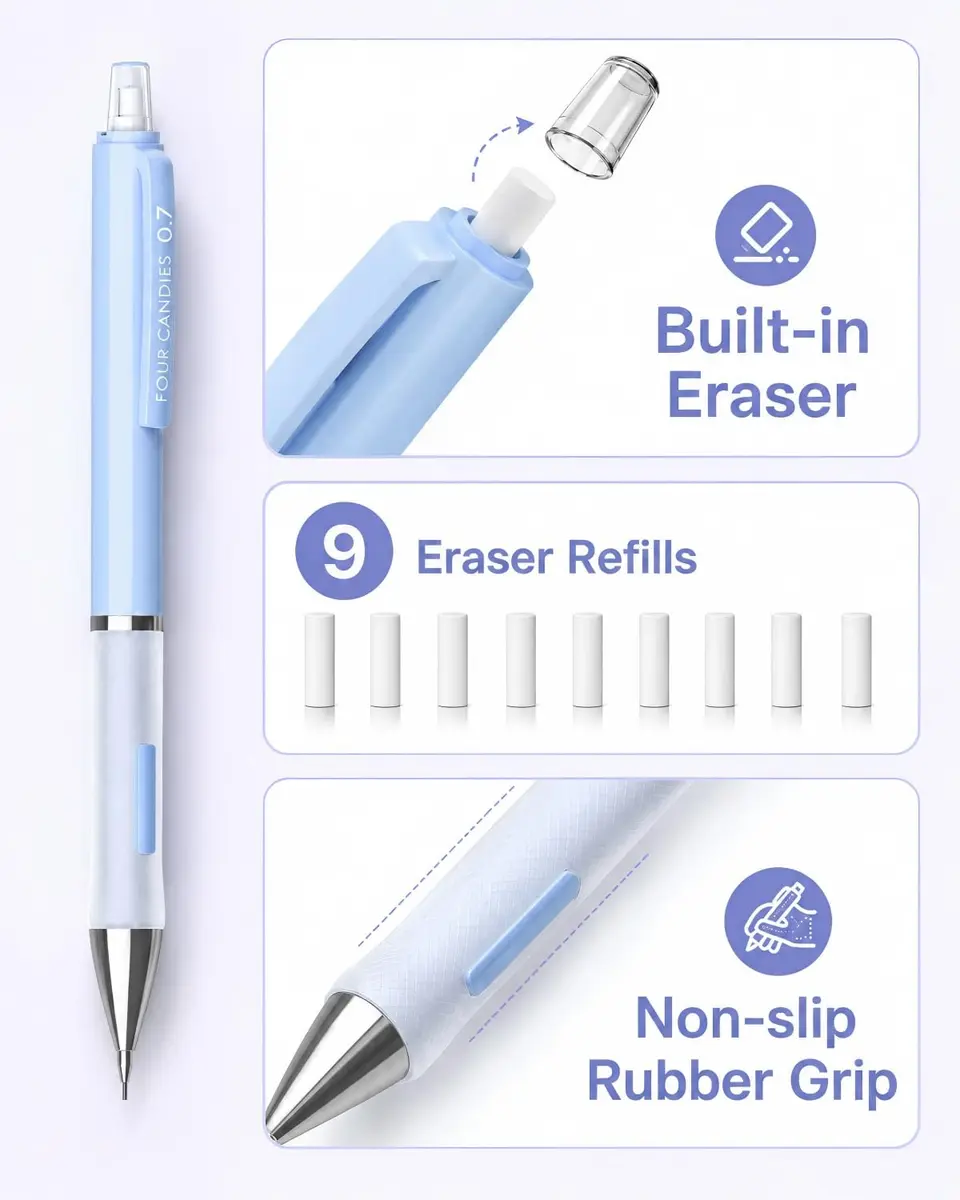 Four Candies Pastel Mechanical Pencil Set 0.7mm | Bulk Pack with 360 Leads & Erasers - view 6