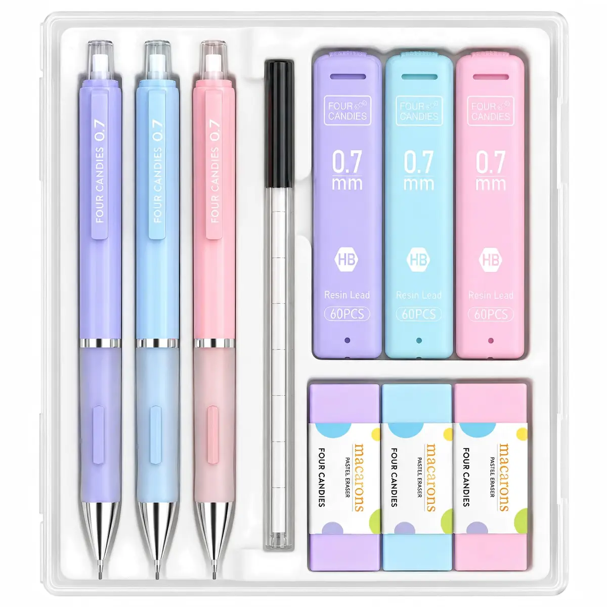 Four Candies Pastel Mechanical Pencil Set 0.7mm | Bulk Pack with 360 Leads & Erasers - main product image