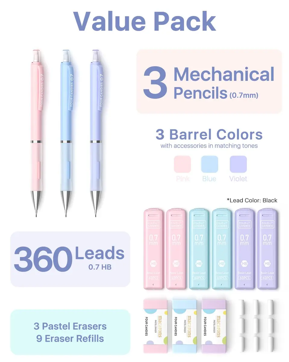 Four Candies Pastel Mechanical Pencil Set 0.7mm | Bulk Pack with 360 Leads & Erasers - view 7