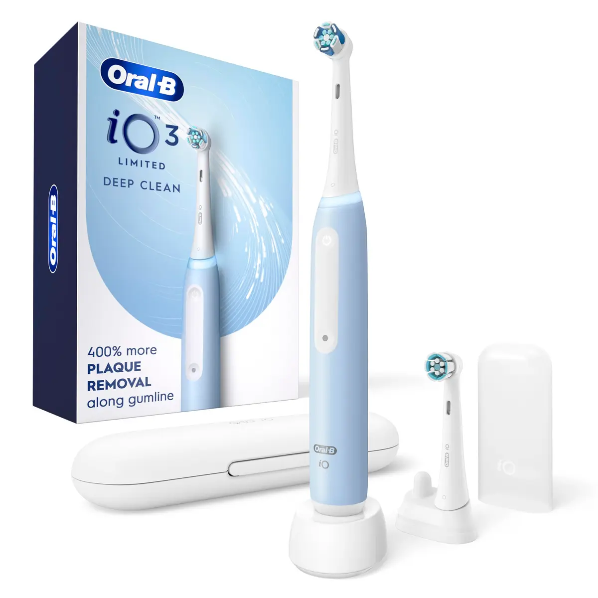 Oral-B iO Series 3 Limited Deep Clean Rechargeable Electric Toothbrush with Pressure Sensor, 3 Modes, 2 Brush Heads, Travel Case, Icy Blue | Dentist-Recommended Technology - main product image