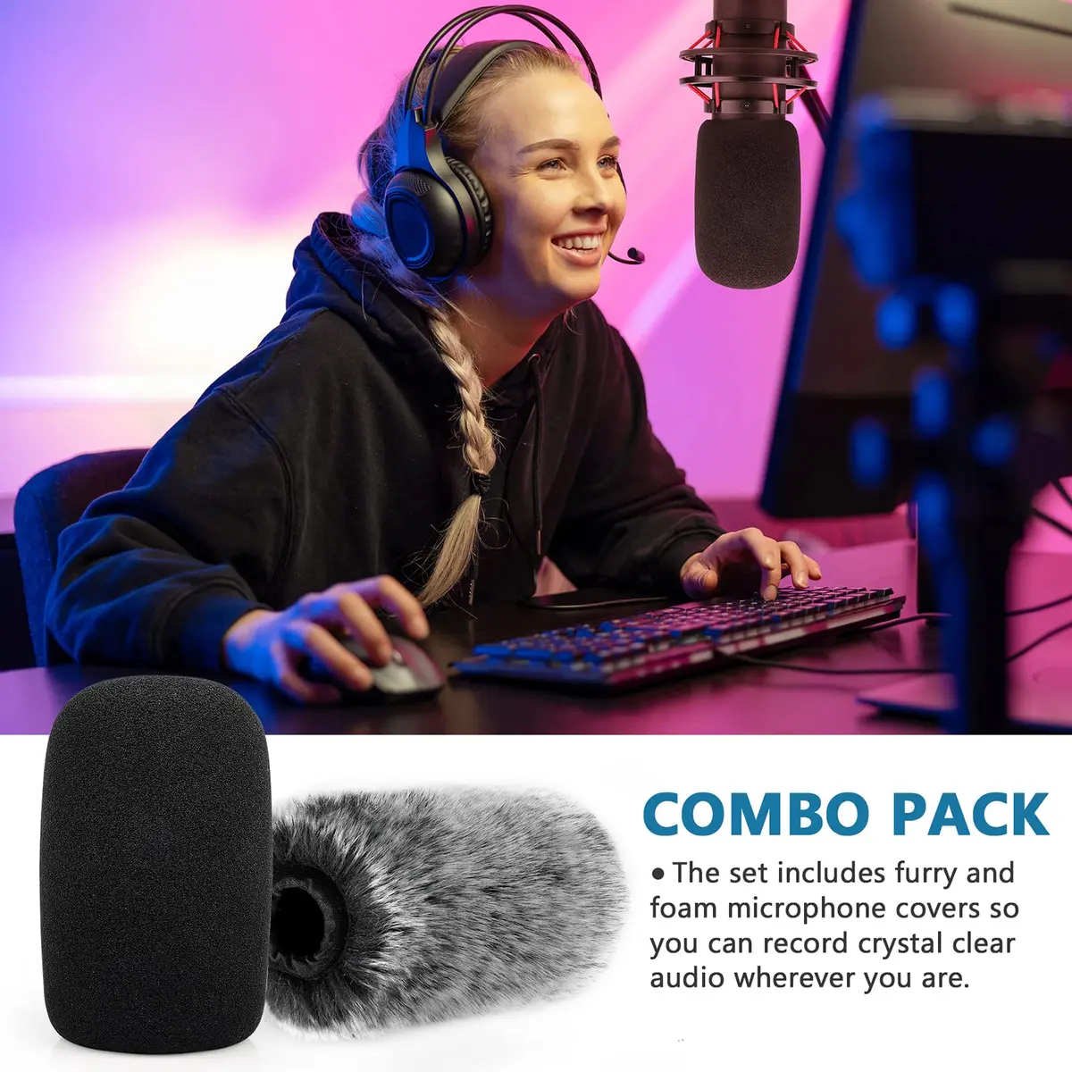 ChromLives Microphone Windscreen Combo Pack for HyperX QuadCast S, Foam & Furry Covers with Elastic Strap | Indoor/Outdoor Use - view 6