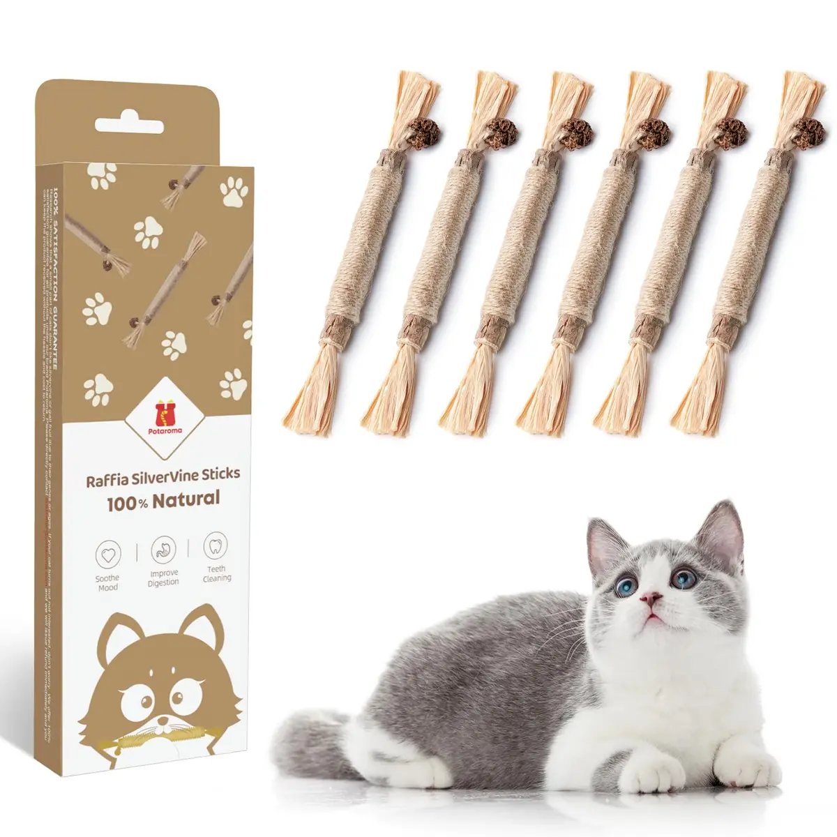 Potaroma Natural Silvervine Sticks Cat Toys 6 Pcs | Catnip & Silvervine Blend for Dental Care & Play - main product image