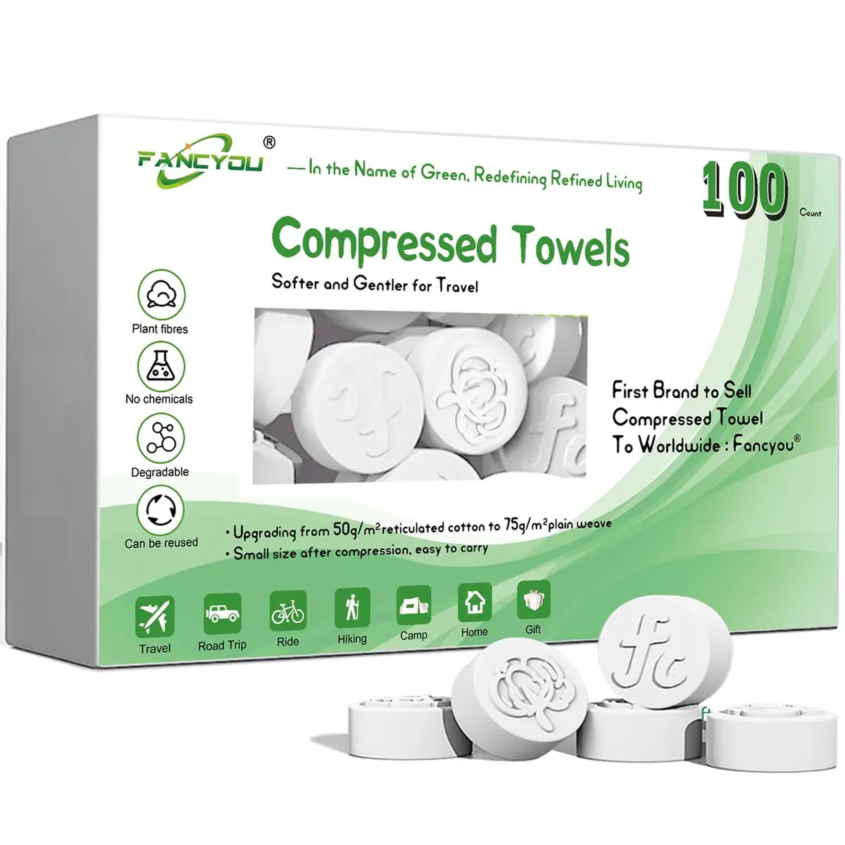 fancyou Compressed Towel Tablets 100 Count (Pack of 1) | Disposable Face Washcloths for Travel, Gym, Home - main product image