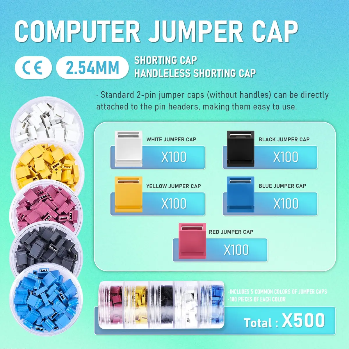 CQRobot 500 Pieces Standard Computer Jumper Caps Header Pin Shunt 2.54mm (0.1 Inch) | 5 Colors, 100 Each - view 2