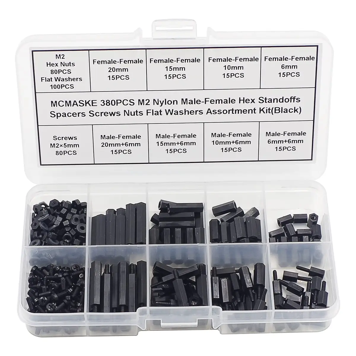 MCMASKE M2 Black Nylon Hex Standoff Spacer Kit 380PCS | For PCB, Arduino, Raspberry Pi Projects - main product image
