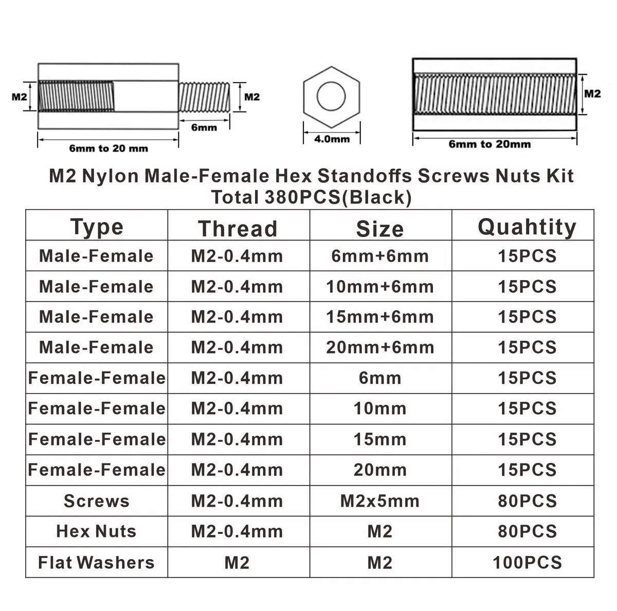 MCMASKE M2 Black Nylon Hex Standoff Spacer Kit 380PCS | For PCB, Arduino, Raspberry Pi Projects - view 4