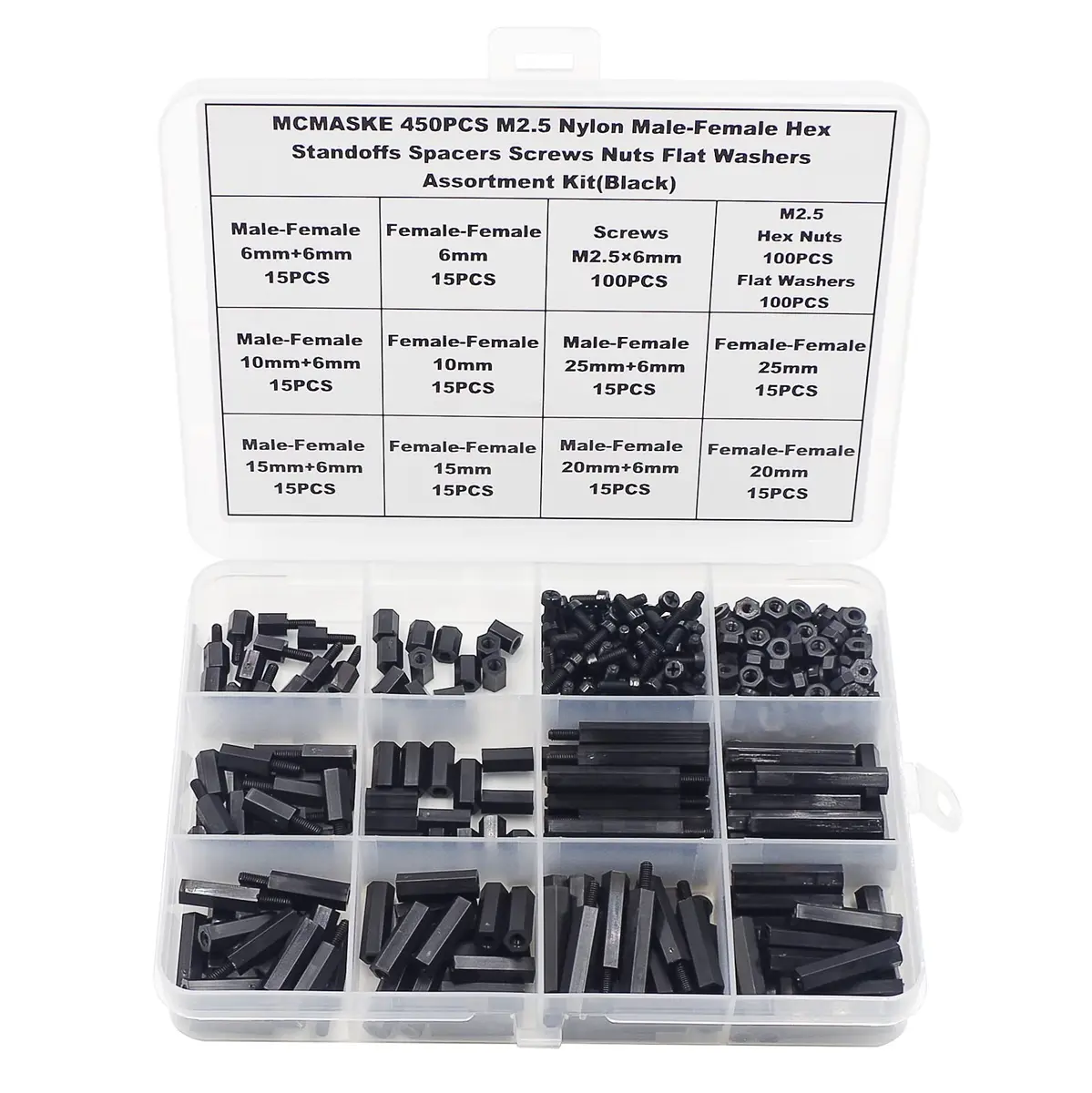 MCMASKE M2.5 Black Nylon Hex Standoffs Screws Nuts Flat Washers Kit | 450PCS for PCB, Arduino, Raspberry Pi - main product image
