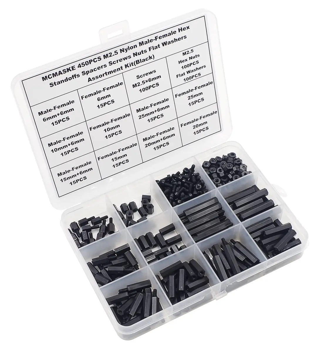 MCMASKE M2.5 Black Nylon Hex Standoffs Screws Nuts Flat Washers Kit | 450PCS for PCB, Arduino, Raspberry Pi - view 6