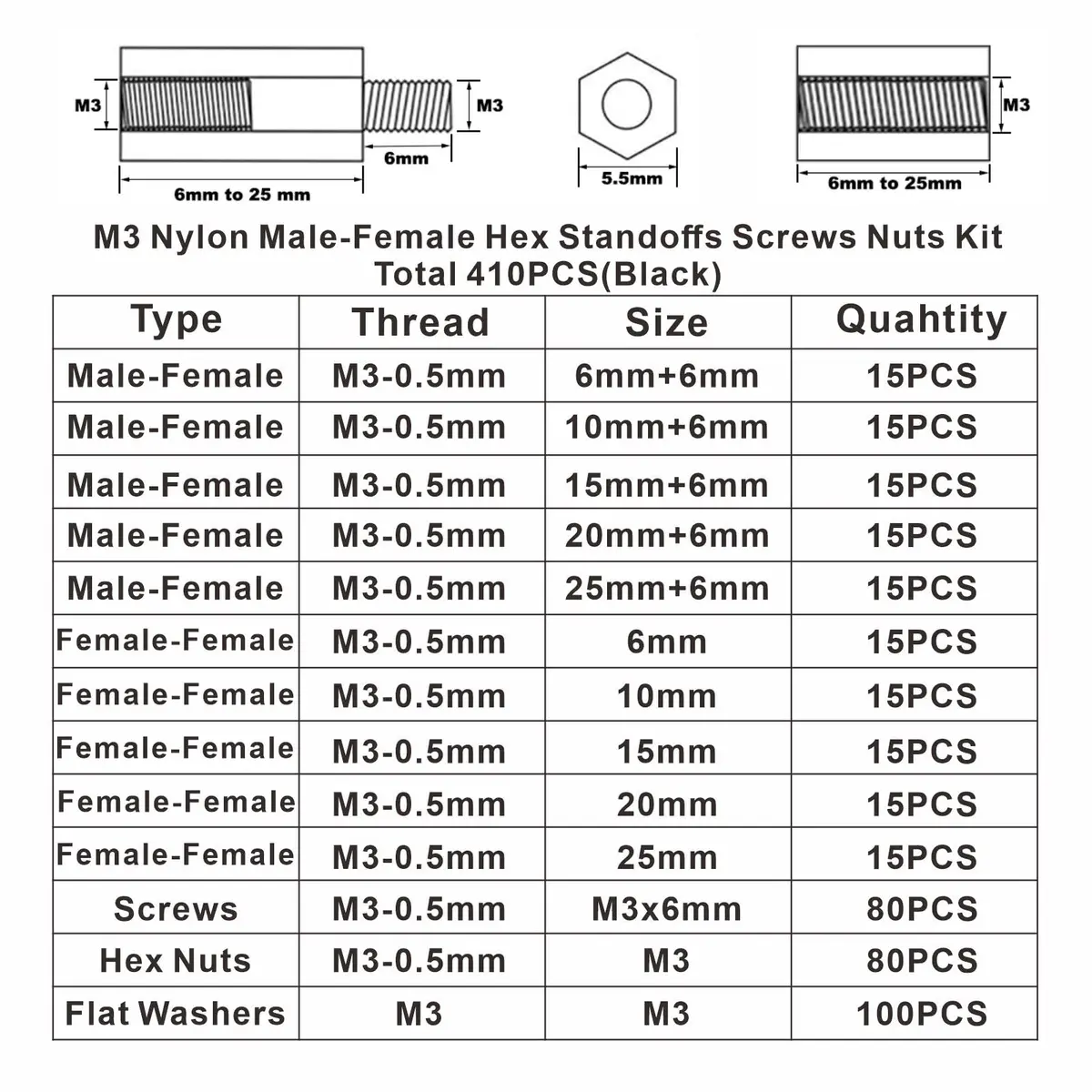 MCMASKE M2.5 Black Nylon Hex Standoffs Screws Nuts Flat Washers Kit | 450PCS for PCB, Arduino, Raspberry Pi - view 3
