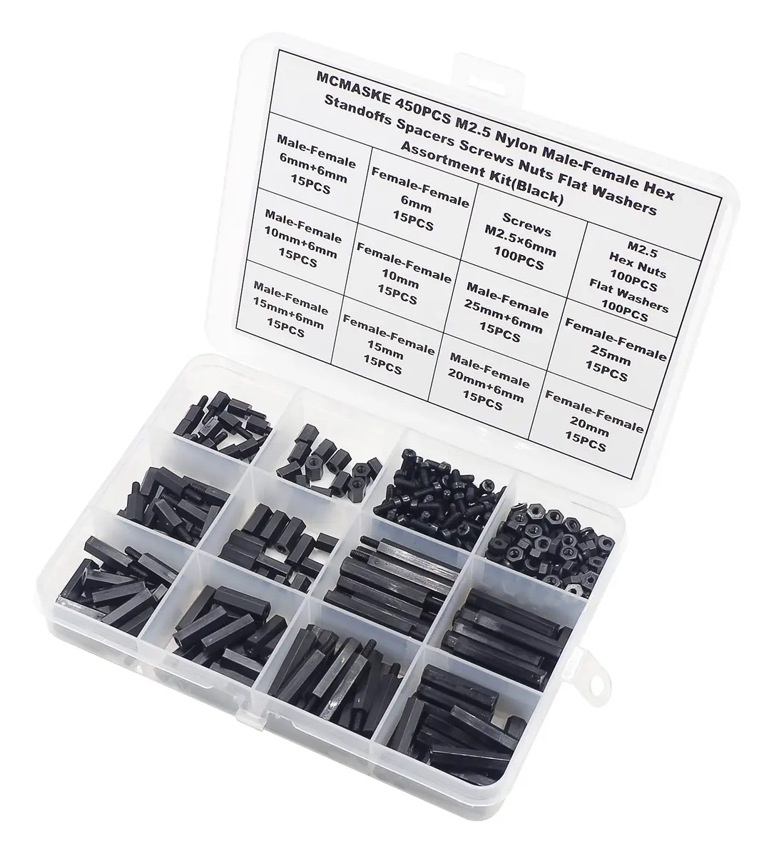 MCMASKE M2.5 Black Nylon Hex Standoffs Screws Nuts Flat Washers Kit | 450PCS for PCB, Arduino, Raspberry Pi - view 4