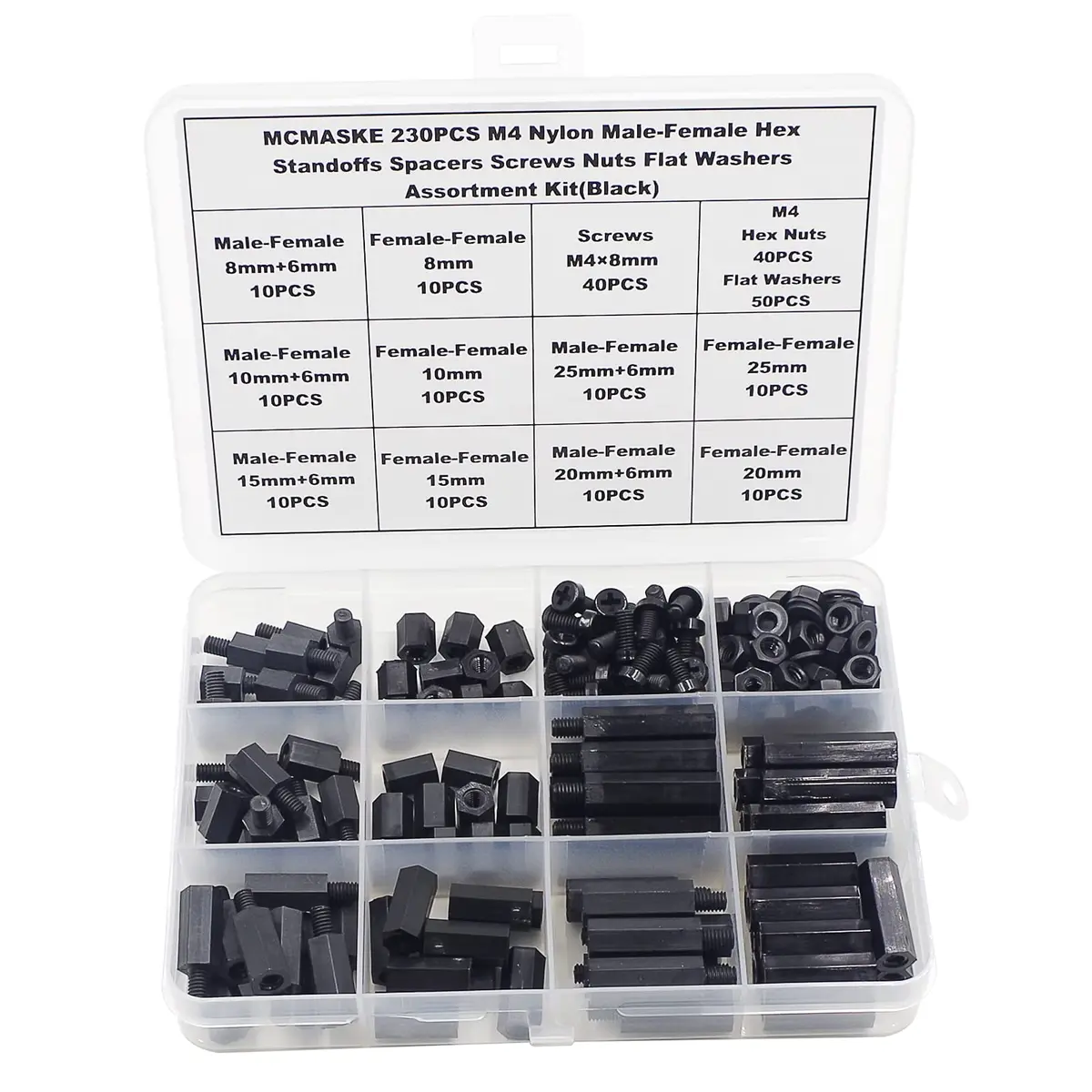 MCMASKE M4 Black Nylon Hex Standoff Screw Nut Washer Kit 230PCS | For PCB, Arduino, Raspberry Pi Projects - main product image