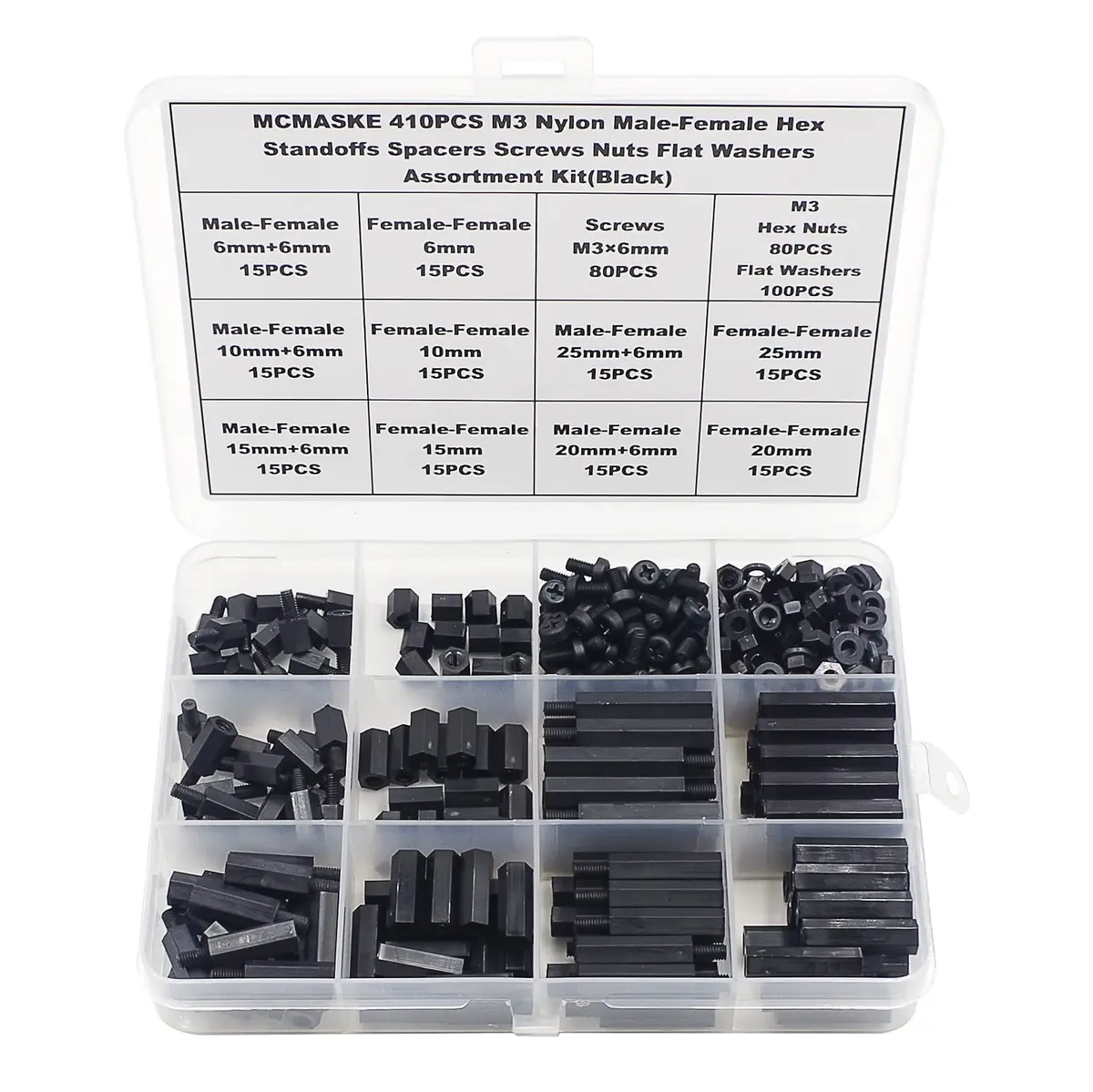 MCMASKE M3 Black Nylon Hex Standoff Spacer Kit 410PCS | Male-Female & Female-Female Assortment with Nuts & Screws - main product image