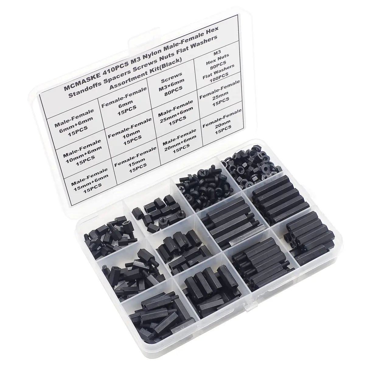 MCMASKE M3 Black Nylon Hex Standoff Spacer Kit 410PCS | Male-Female & Female-Female Assortment with Nuts & Screws - view 6