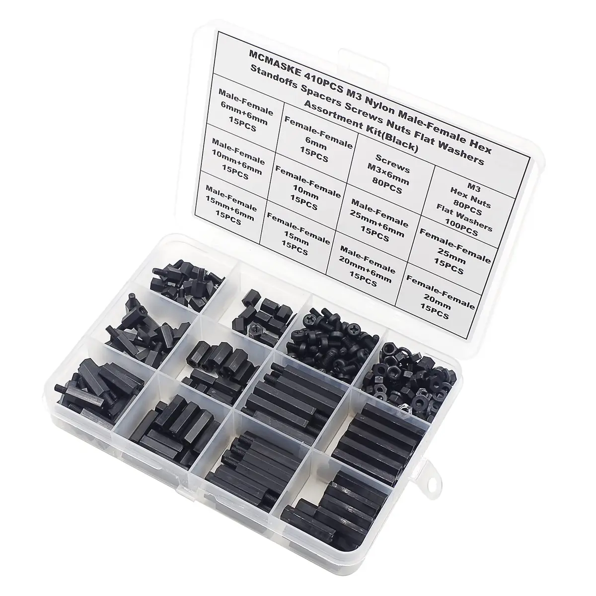 MCMASKE M3 Black Nylon Hex Standoff Spacer Kit 410PCS | Male-Female & Female-Female Assortment with Nuts & Screws - view 4