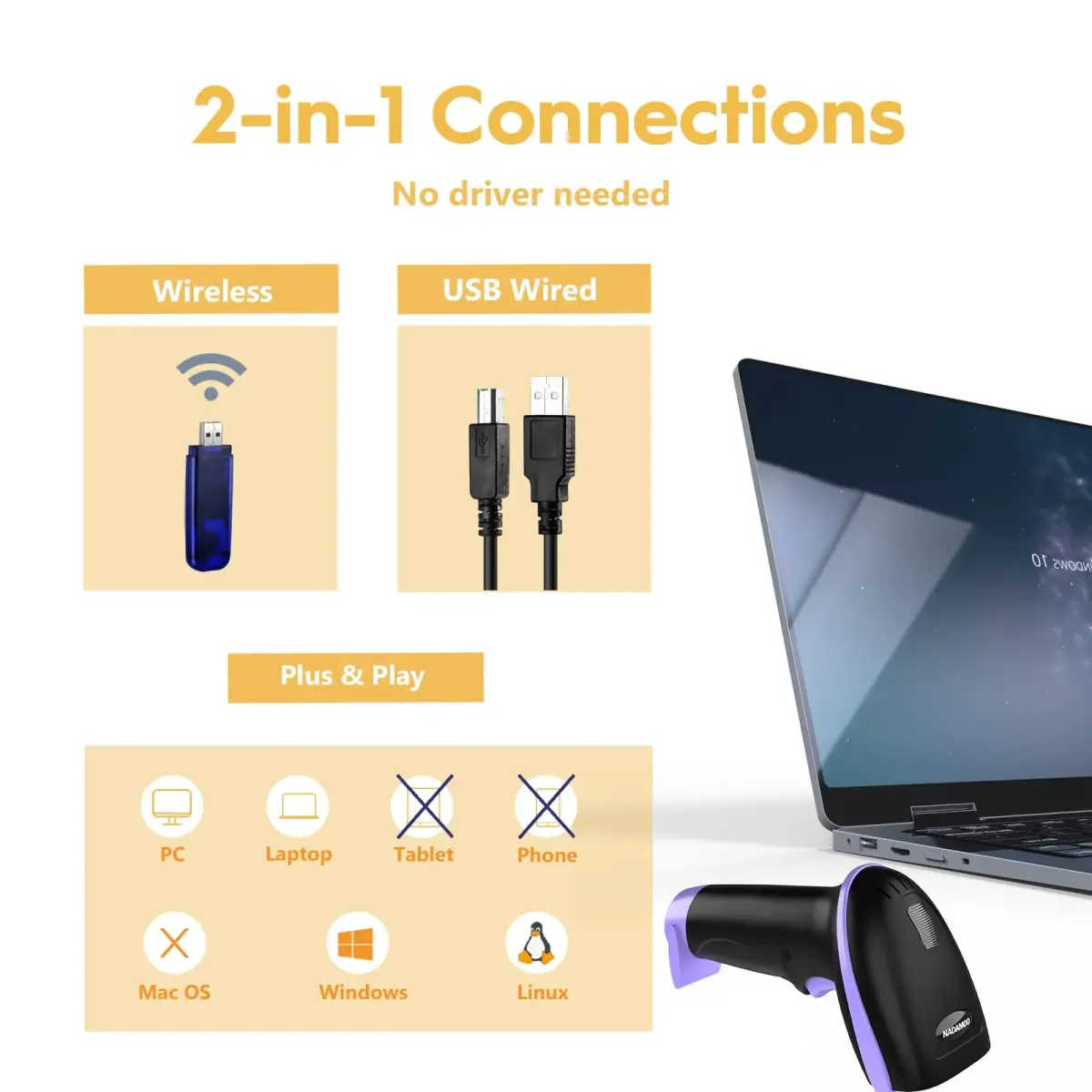 NADAMOO Wireless Barcode Scanner 1D Laser Violet | 400m Transmission Distance - view 2