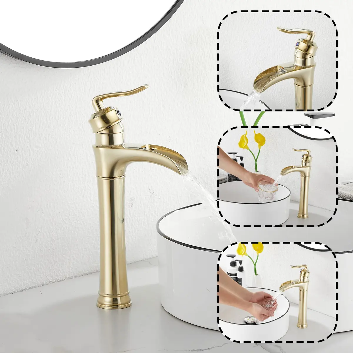 GGStudy Brushed Gold Bathroom Faucet Tall Waterfall Single Handle 11.8inch | Suitable for Vessel Sink - view 4