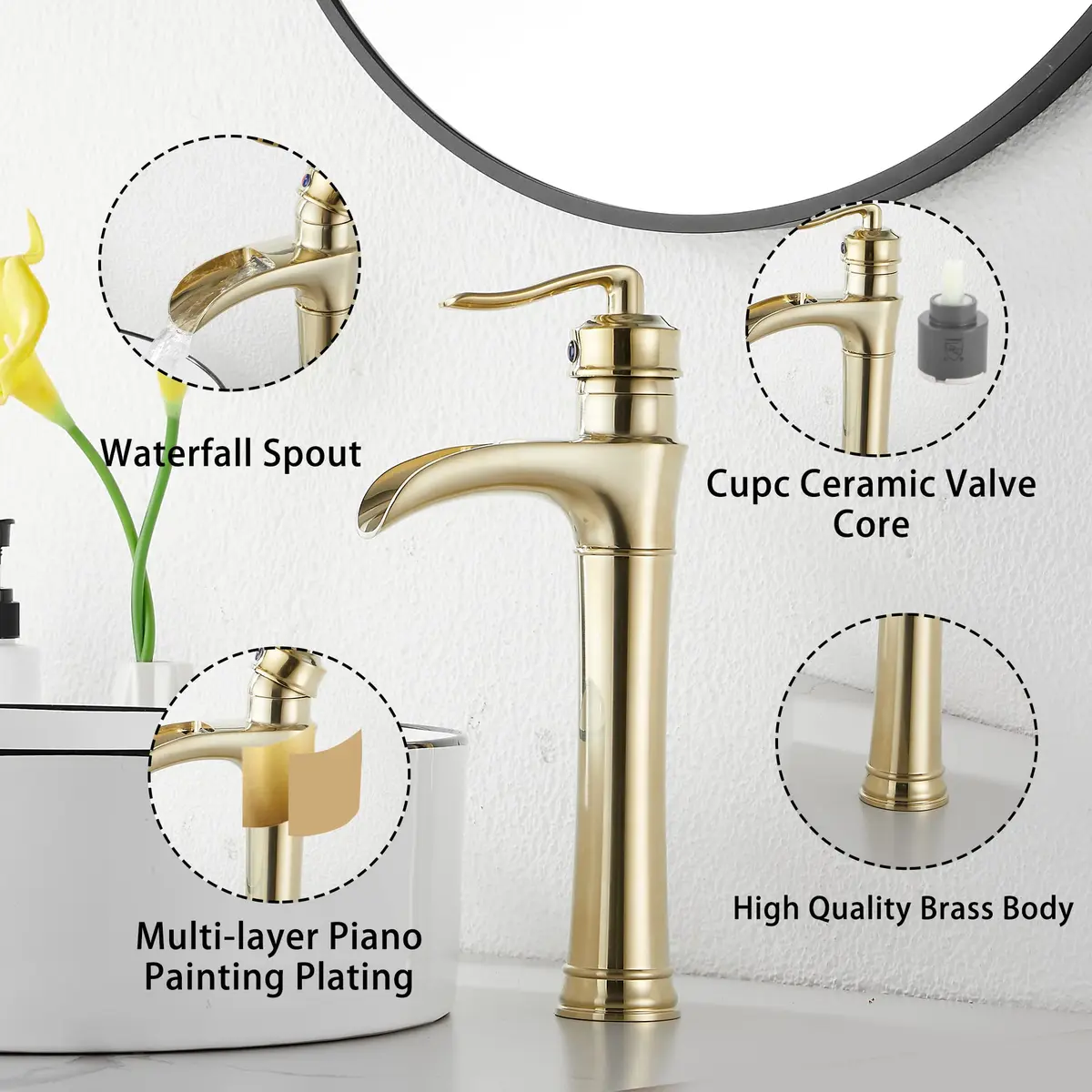 GGStudy Brushed Gold Bathroom Faucet Tall Waterfall Single Handle 11.8inch | Suitable for Vessel Sink - view 5