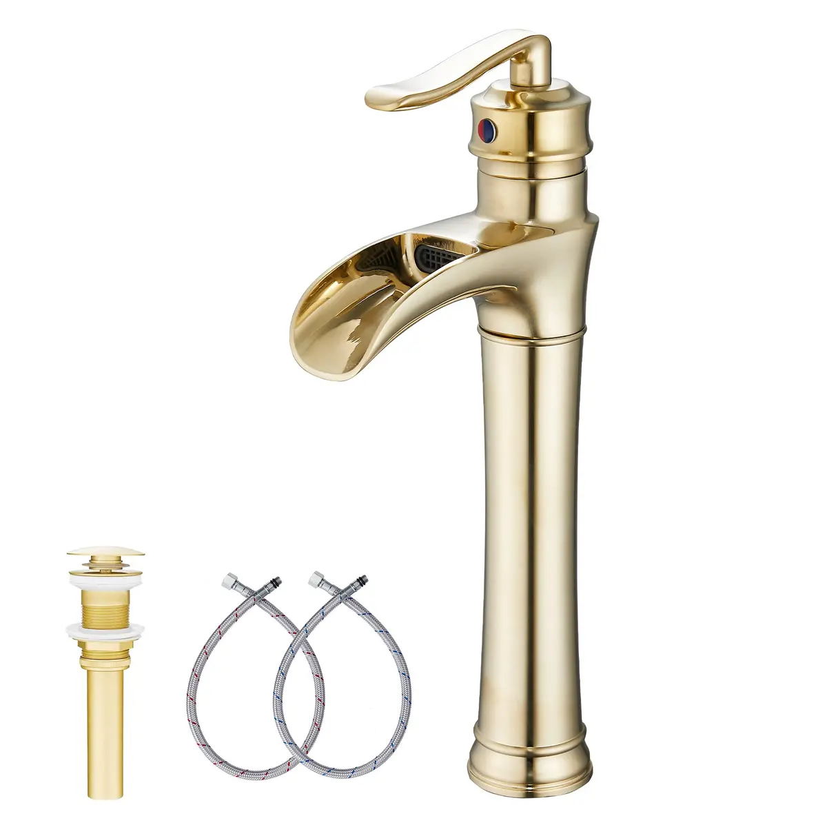 GGStudy Brushed Gold Bathroom Faucet Tall Waterfall Single Handle 11.8inch | Suitable for Vessel Sink - main product image