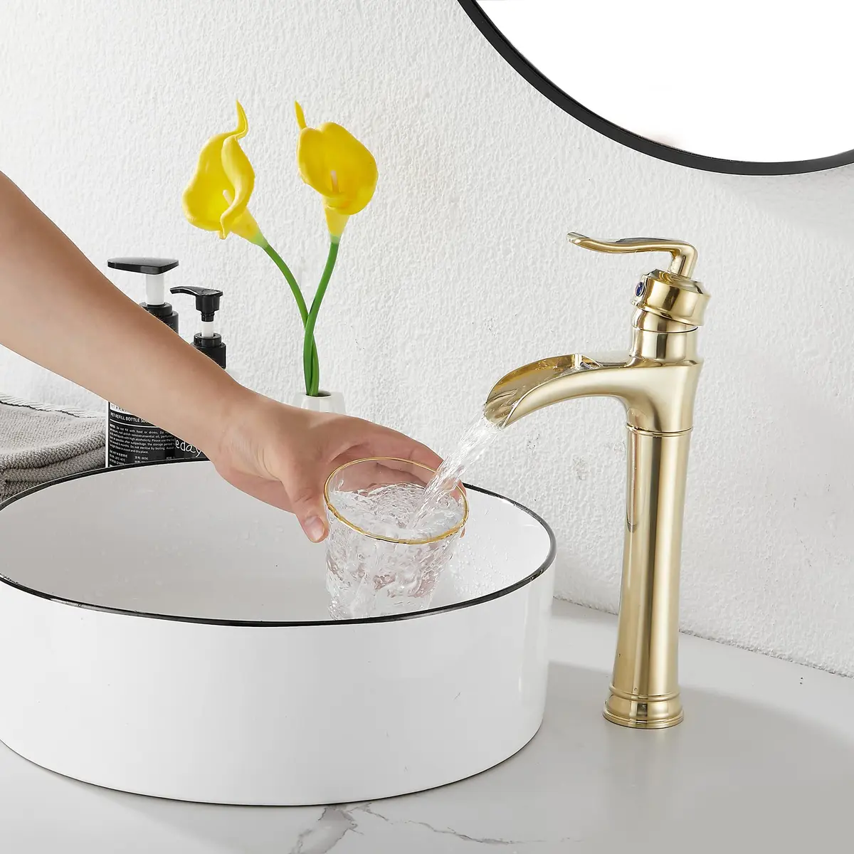 GGStudy Brushed Gold Bathroom Faucet Tall Waterfall Single Handle 11.8inch | Suitable for Vessel Sink - view 8