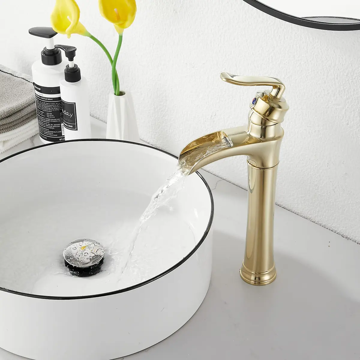 GGStudy Brushed Gold Bathroom Faucet Tall Waterfall Single Handle 11.8inch | Suitable for Vessel Sink - view 9