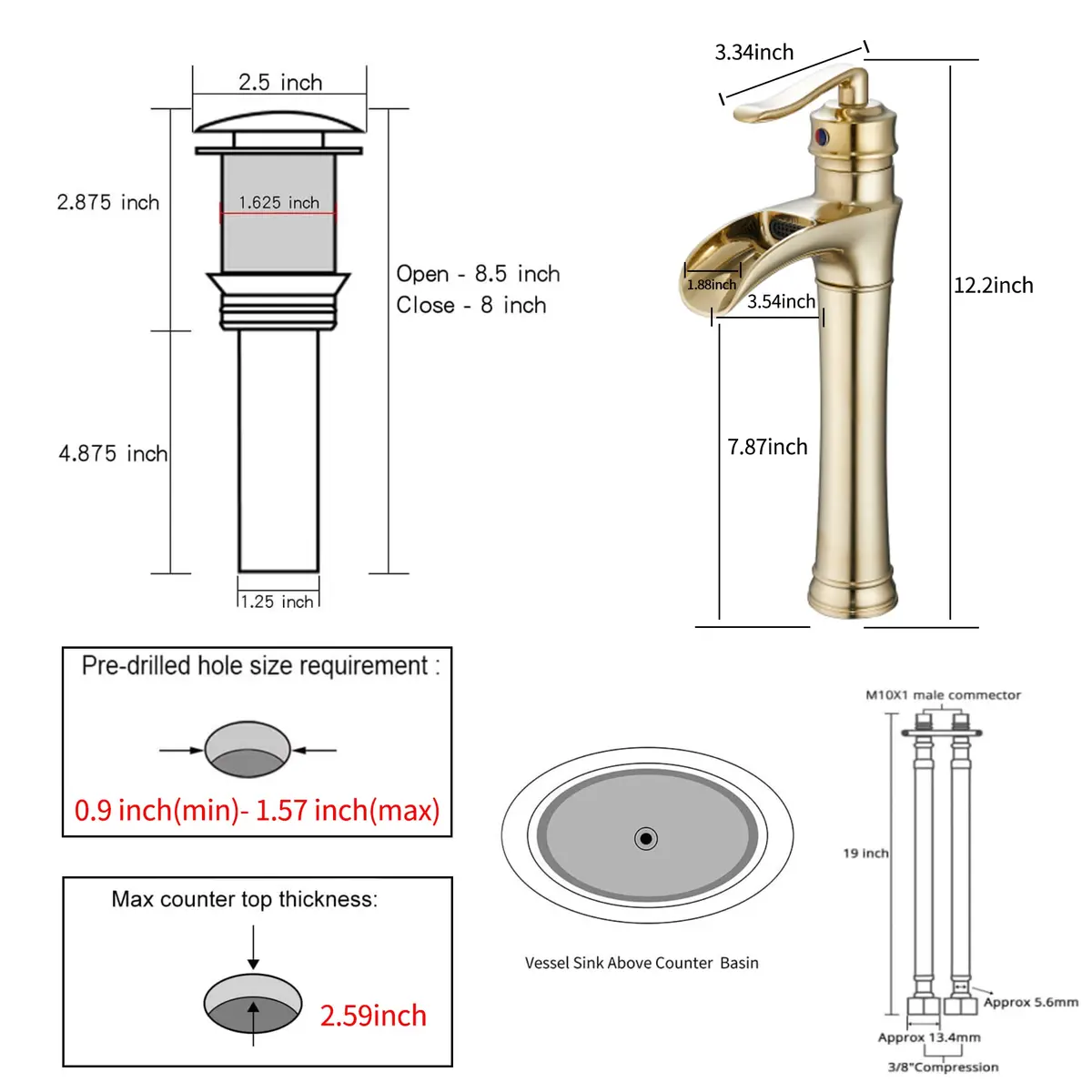 GGStudy Brushed Gold Bathroom Faucet Tall Waterfall Single Handle 11.8inch | Suitable for Vessel Sink - view 2