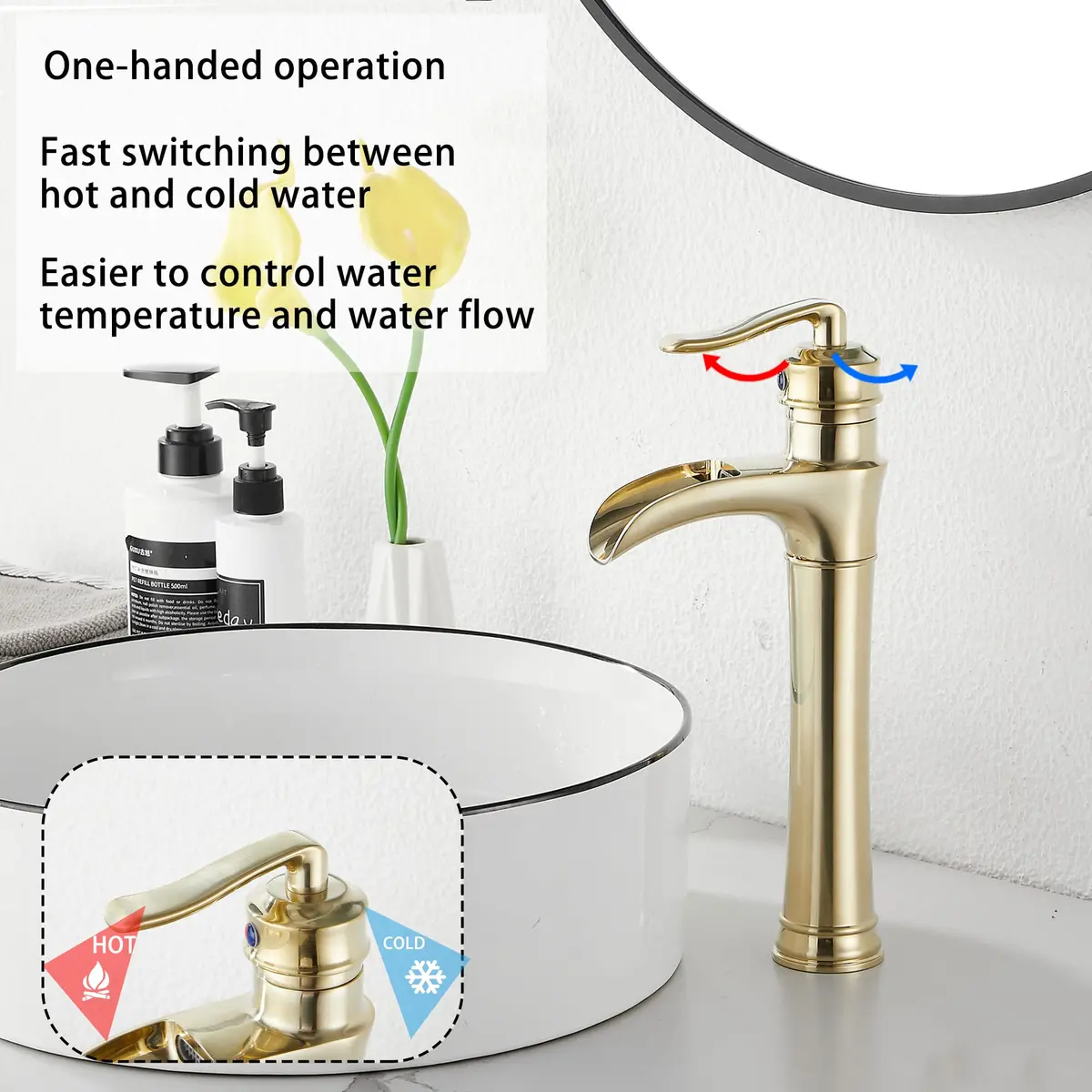 GGStudy Brushed Gold Bathroom Faucet Tall Waterfall Single Handle 11.8inch | Suitable for Vessel Sink - view 3