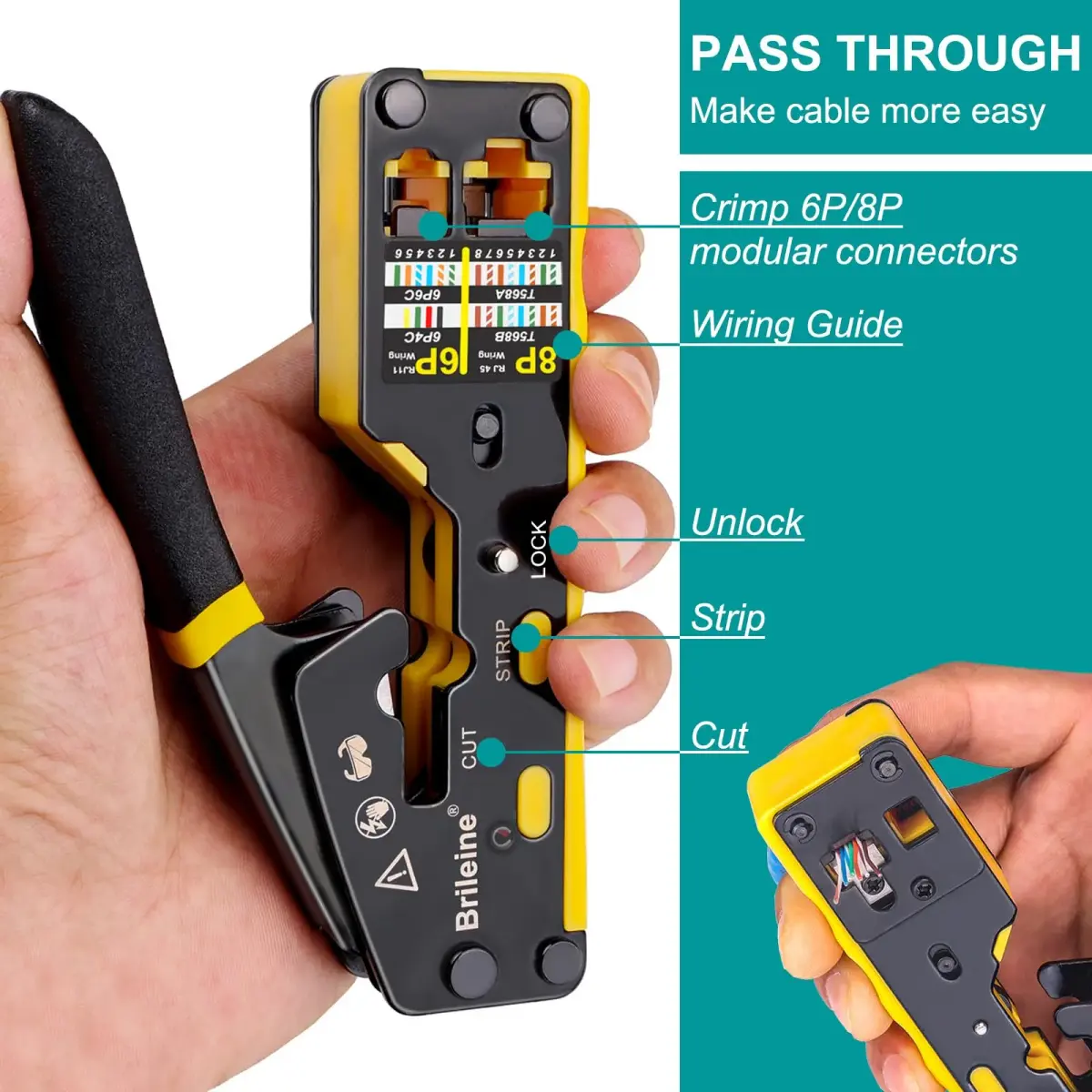 Brileine RJ45 Crimp Tool Pass Through Kit Ethernet Crimper Cat5 Cat5e Cat6 with Cable Tester & Connectors (Yellow, 13.5cm) - view 3