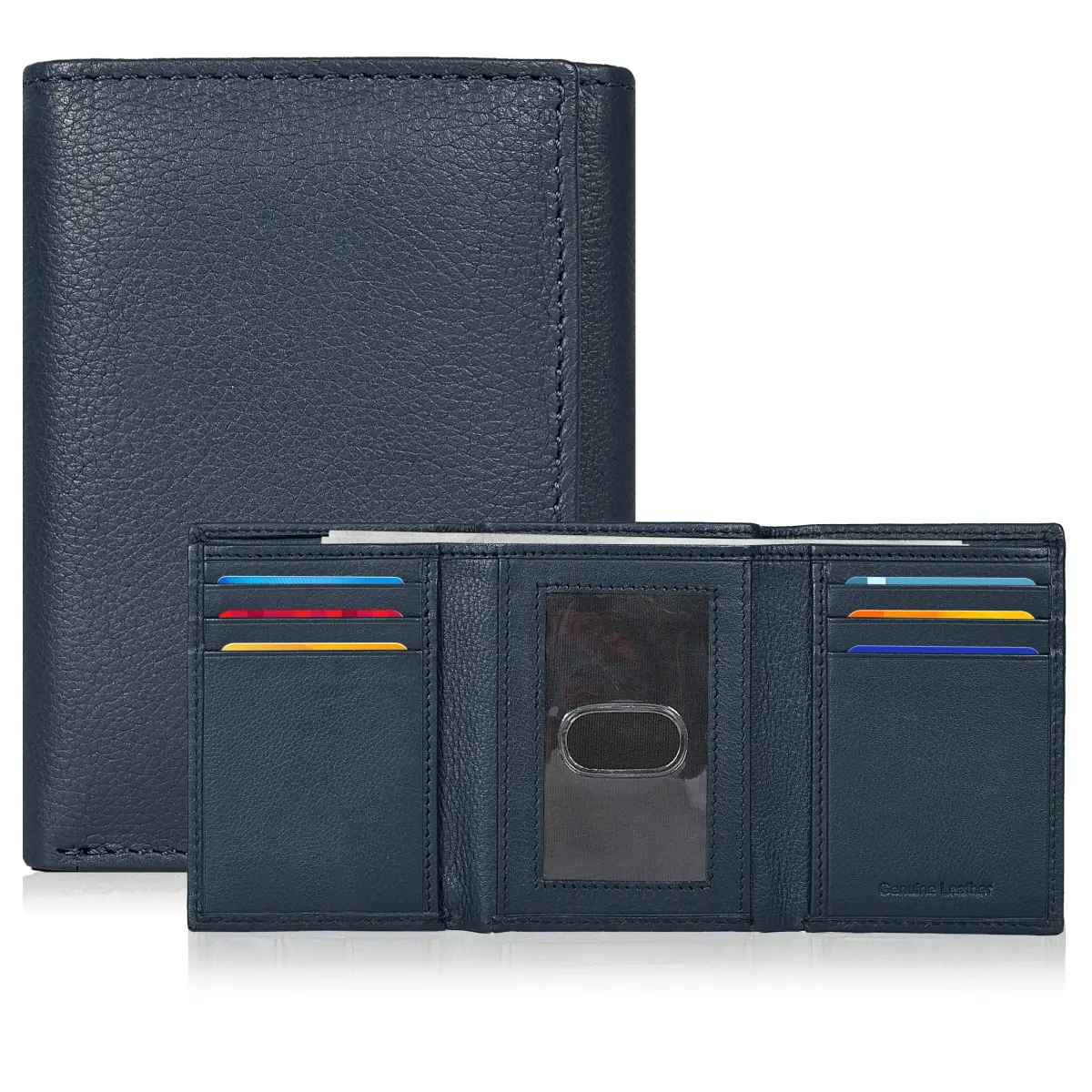 Oak Leathers Classic Navy Leather Trifold Wallet with RFID Blocking & ID Window | 40g - main product image
