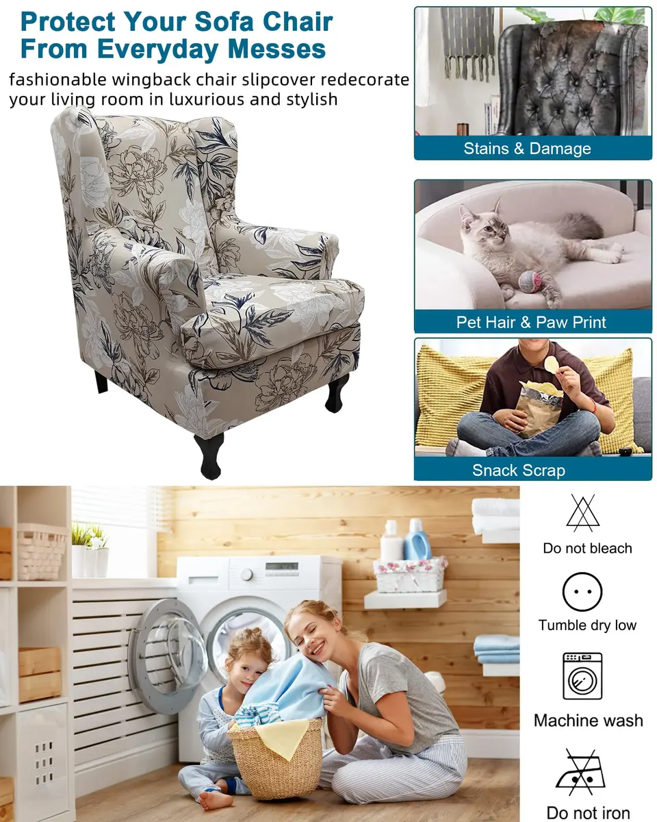 CRFATOP Wingback Chair Covers 2-Piece Set Floral Print Stretchable Armchair Slipcovers for Living Room - view 5
