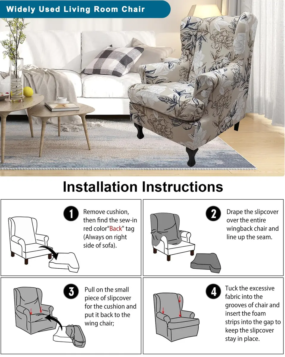 CRFATOP Wingback Chair Covers 2-Piece Set Floral Print Stretchable Armchair Slipcovers for Living Room - view 6