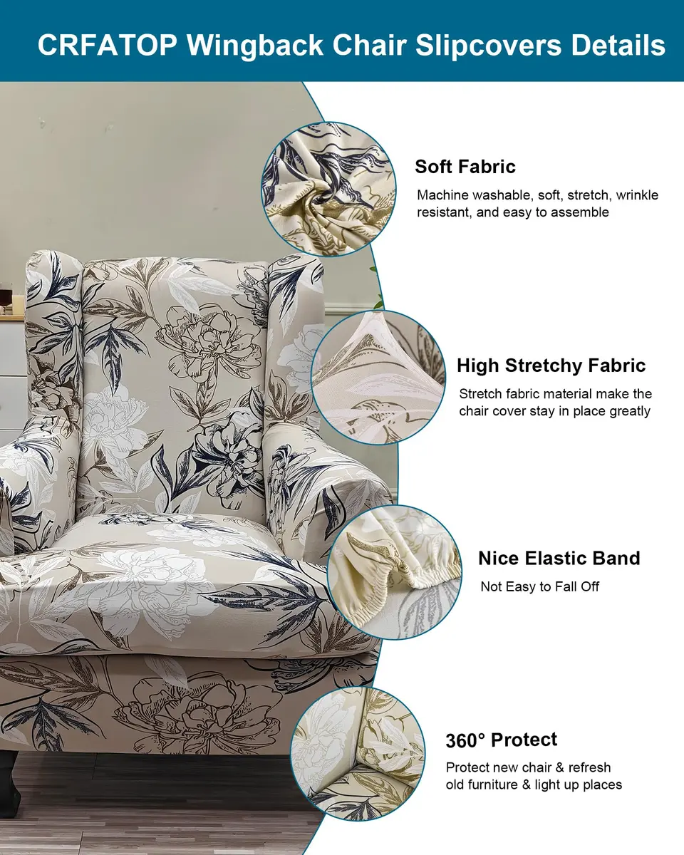 CRFATOP Wingback Chair Covers 2-Piece Set Floral Print Stretchable Armchair Slipcovers for Living Room - view 2