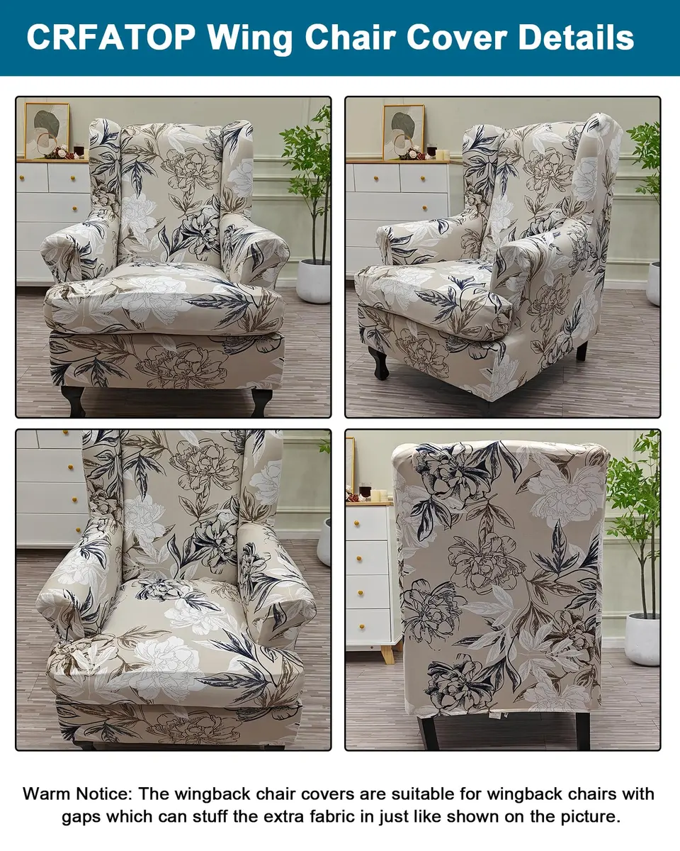 CRFATOP Wingback Chair Covers 2-Piece Set Floral Print Stretchable Armchair Slipcovers for Living Room - view 3