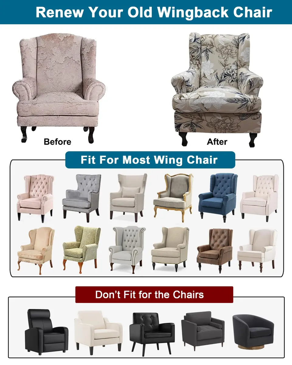 CRFATOP Wingback Chair Covers 2-Piece Set Floral Print Stretchable Armchair Slipcovers for Living Room - view 4