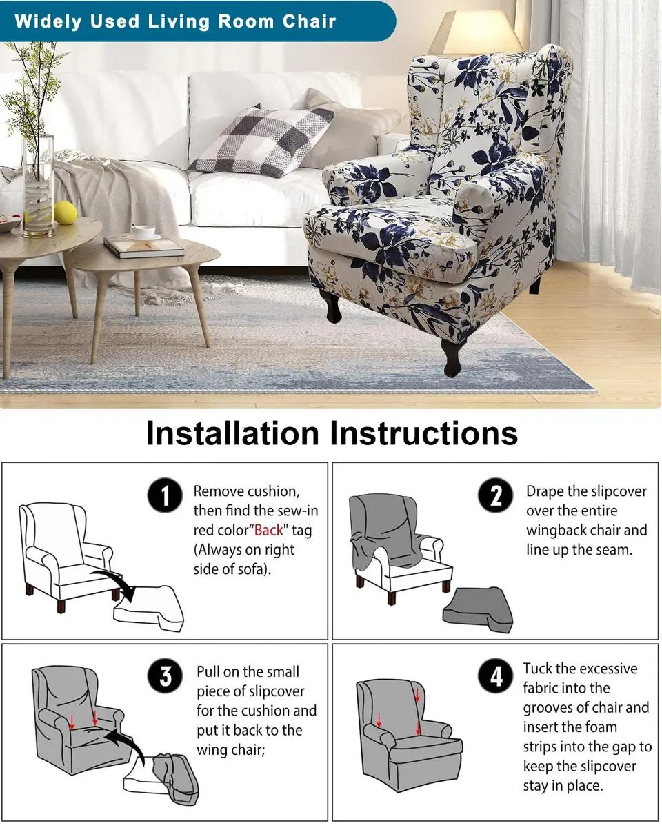 CRFATOP Wingback Chair Covers 2-Piece Set | Stretch Floral Armchair Slipcovers for Living Room - view 6
