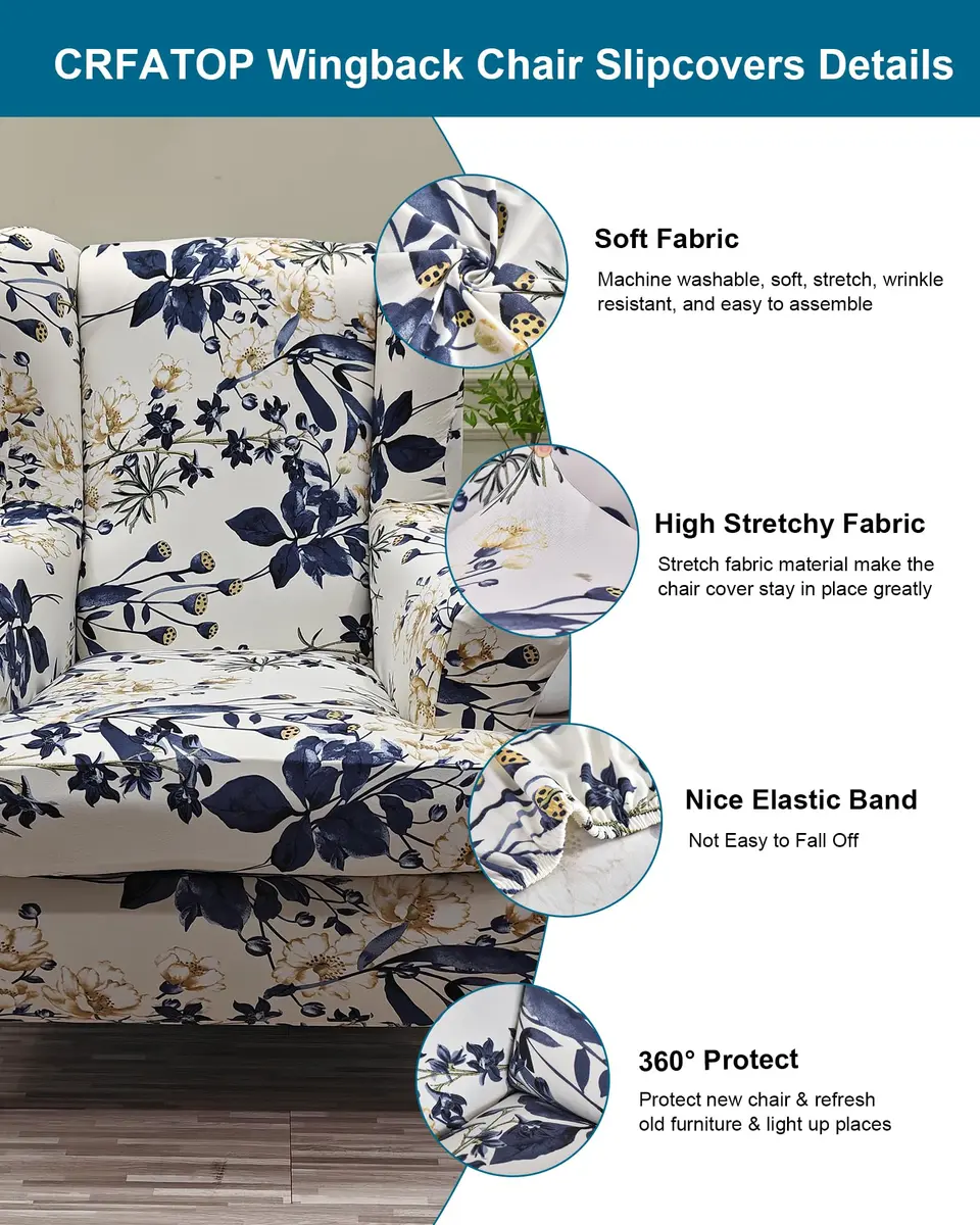 CRFATOP Wingback Chair Covers 2-Piece Set | Stretch Floral Armchair Slipcovers for Living Room - view 2
