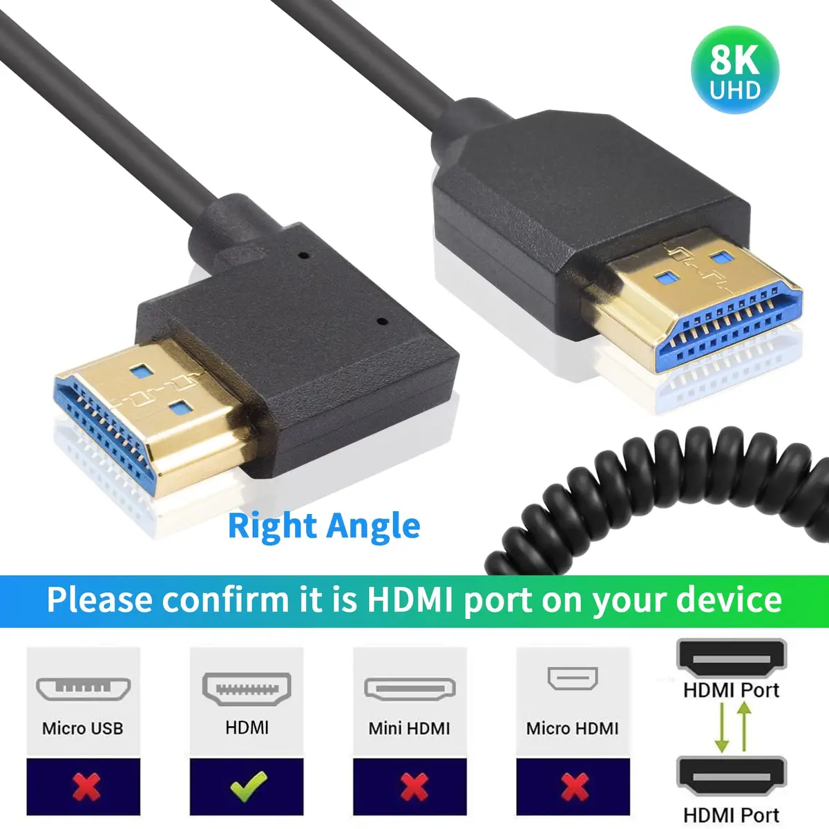 Duttek 8K Coiled HDMI Cable 1.2m (4ft) | 48Gbps Ultra Thin Right Angle Male to Male for 8K@60Hz & 4K@120Hz - view 4