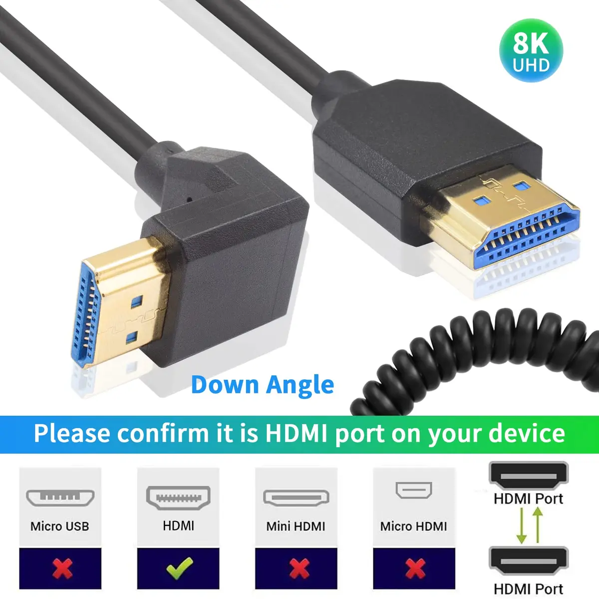 Duttek 8K HDMI Coiled Cable 1.2m (4ft) | Down Angled Male-to-Male, 48Gbps High Speed for 4K@120Hz/8K@60Hz - view 4