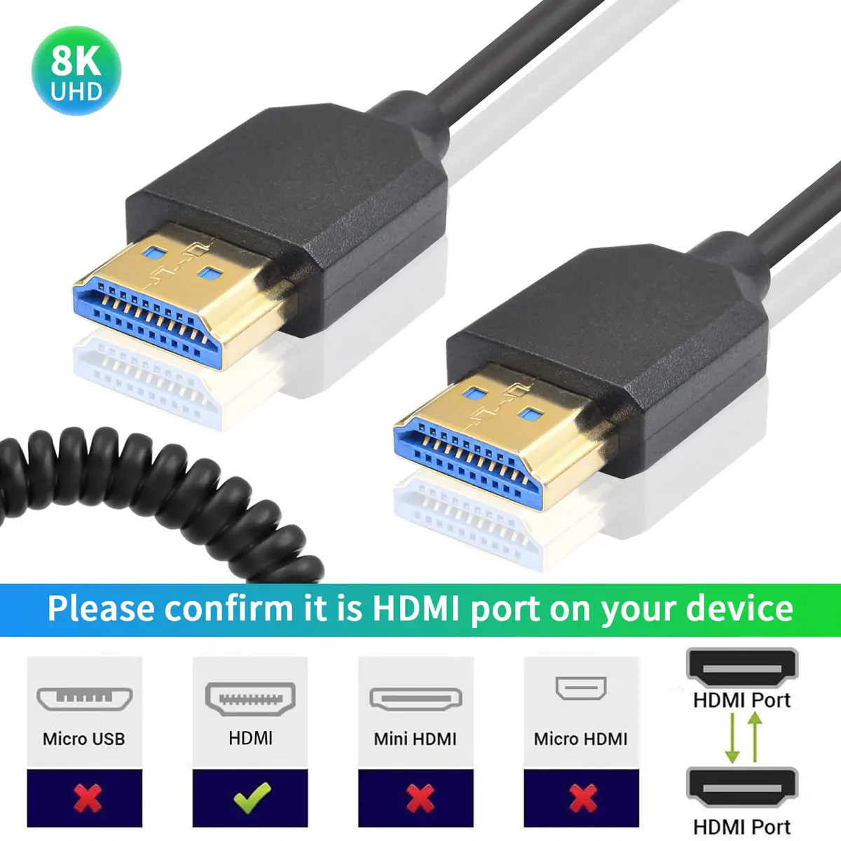 Duttek 8K HDMI Coiled Cable 1.2m (4 ft) | Ultra Thin Retractable HDMI 2.1 Cable for PS5, Xbox Series X/S, RTX 4080, ATOMOS Ninja V - view 3