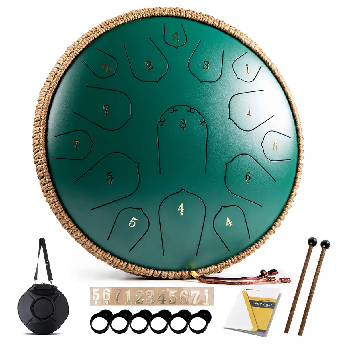 HOPWELL Steel Tongue Drum 15 Notes 14 Inch | Hand Pan with Music Book, Mallets, Carry Bag, D Major, Green - main product image