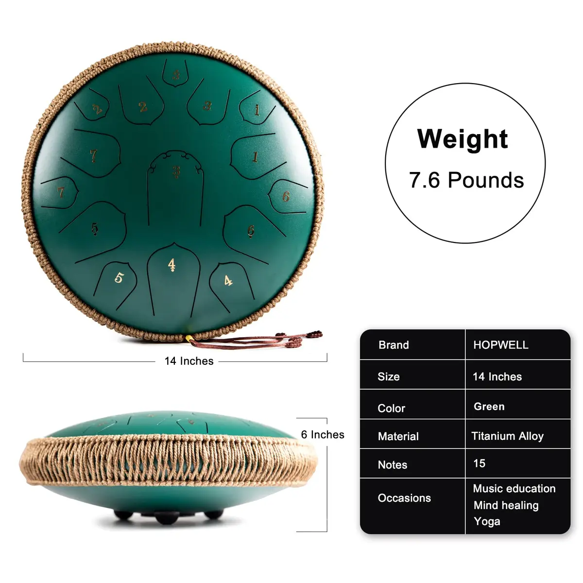 HOPWELL Steel Tongue Drum 15 Notes 14 Inch | Hand Pan with Music Book, Mallets, Carry Bag, D Major, Green - view 5