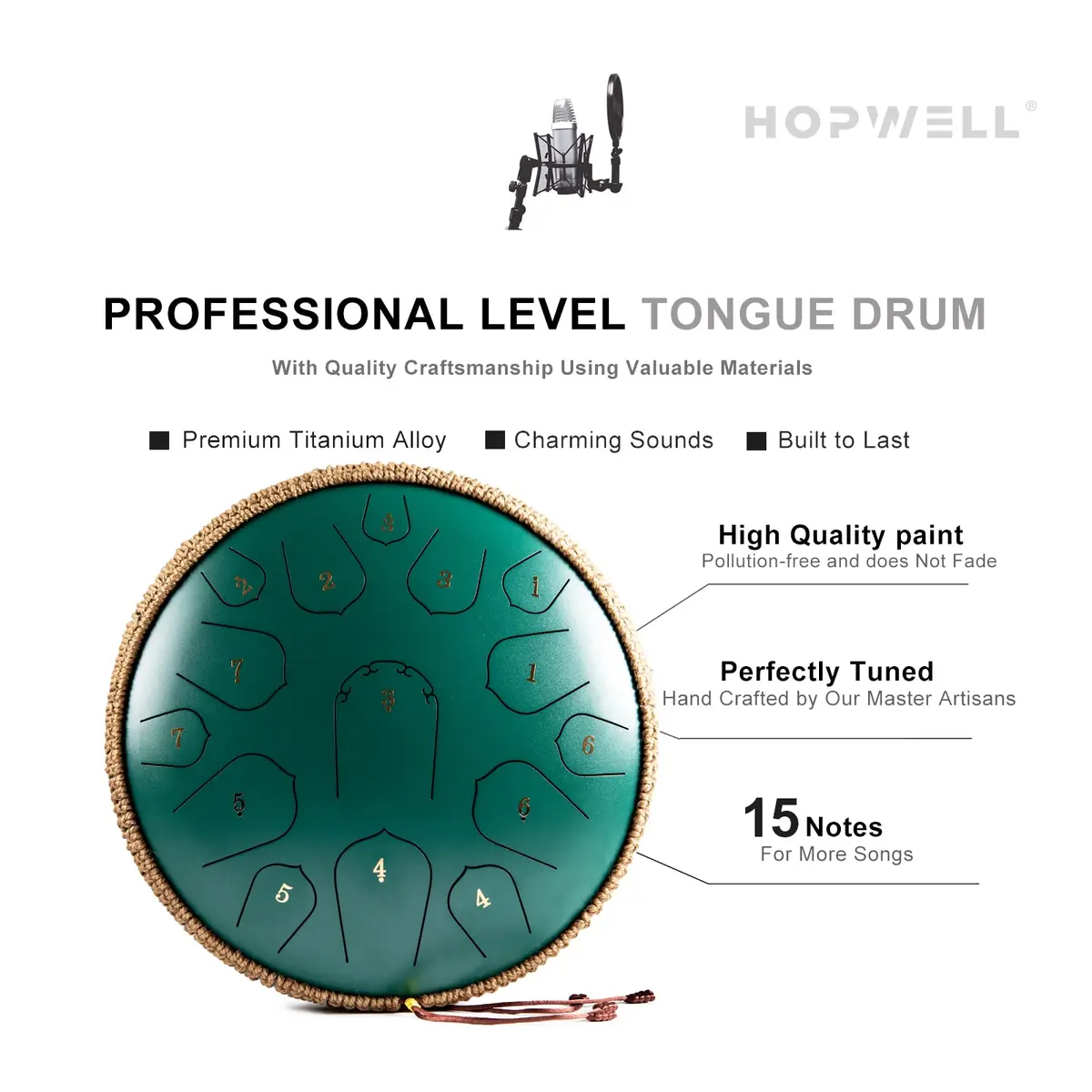 HOPWELL Steel Tongue Drum 15 Notes 14 Inch | Hand Pan with Music Book, Mallets, Carry Bag, D Major, Green - view 3