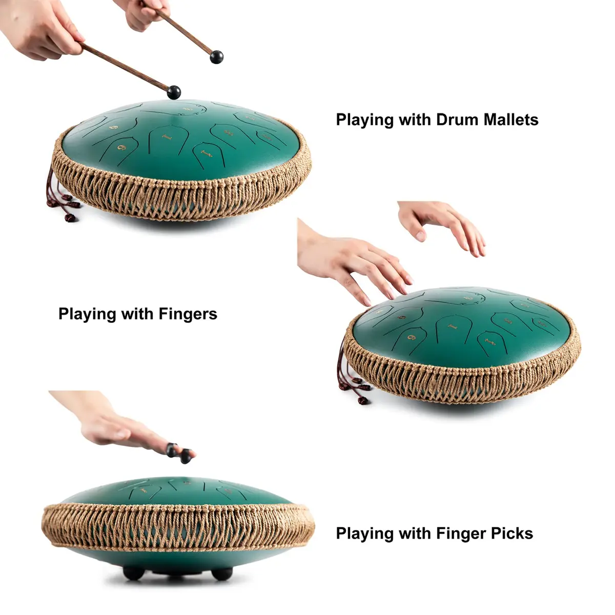 HOPWELL Steel Tongue Drum 15 Notes 14 Inch | Hand Pan with Music Book, Mallets, Carry Bag, D Major, Green - view 4