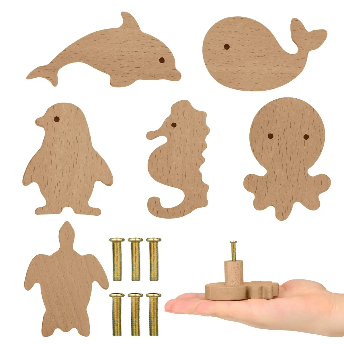 Qunclay Wooden Animal Dresser Knob Drawer Pull Sea Animal | Unfinished, 6 Sets for DIY Decor - main product image